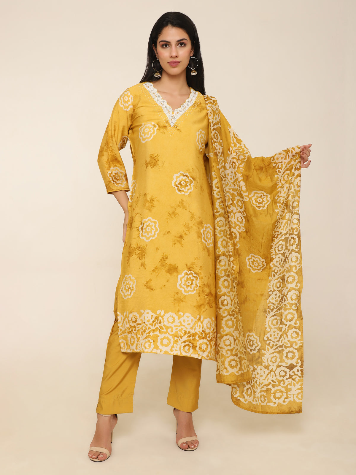 Mustard Yellow Printed 3-Piece Suit with Bead Work