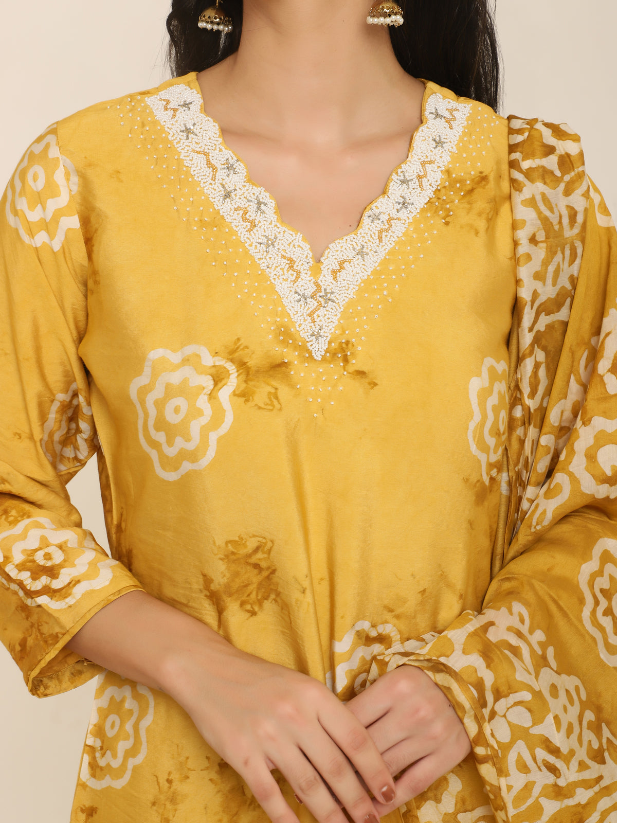 Mustard Yellow Printed 3-Piece Suit with Bead Work