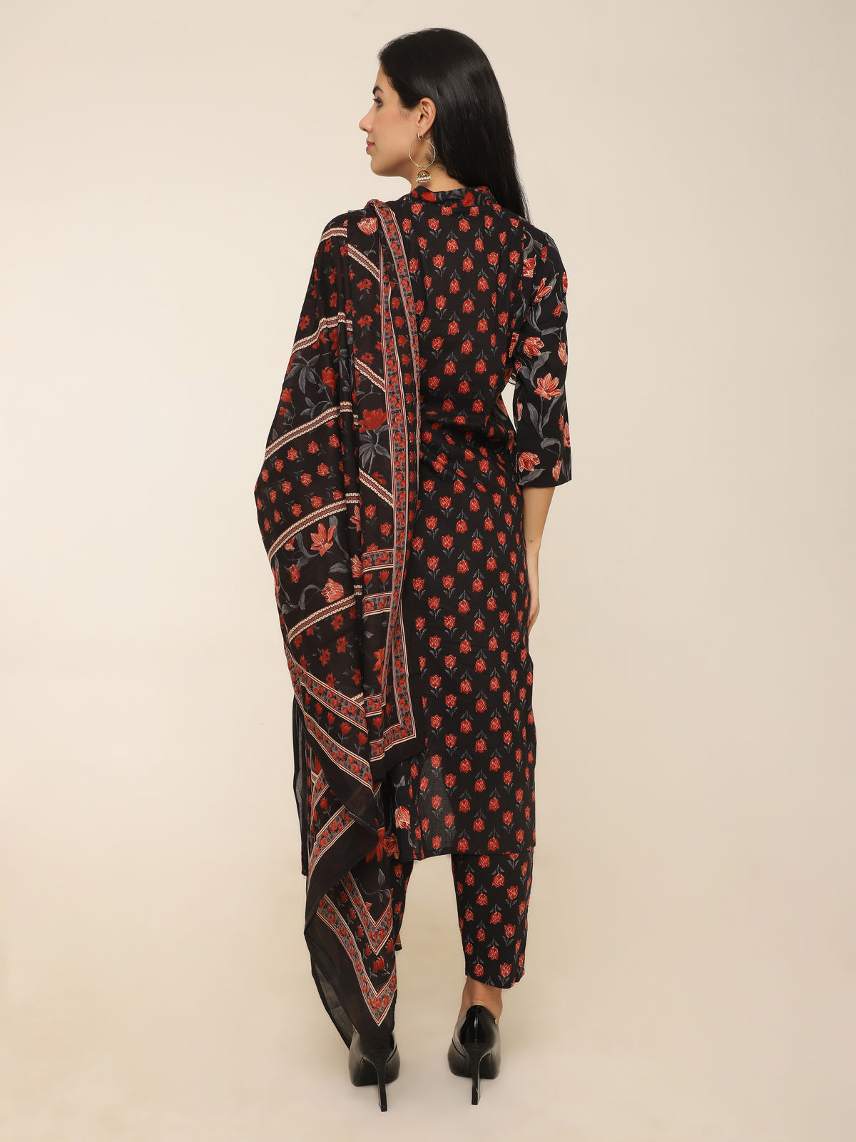 Black & Red Printed 3-Piece Suit with Dupatta & Pants