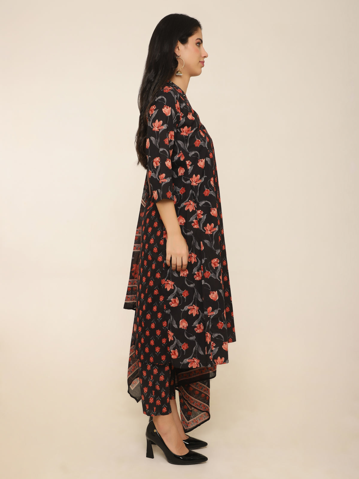 Black & Red Printed 3-Piece Suit with Dupatta & Pants