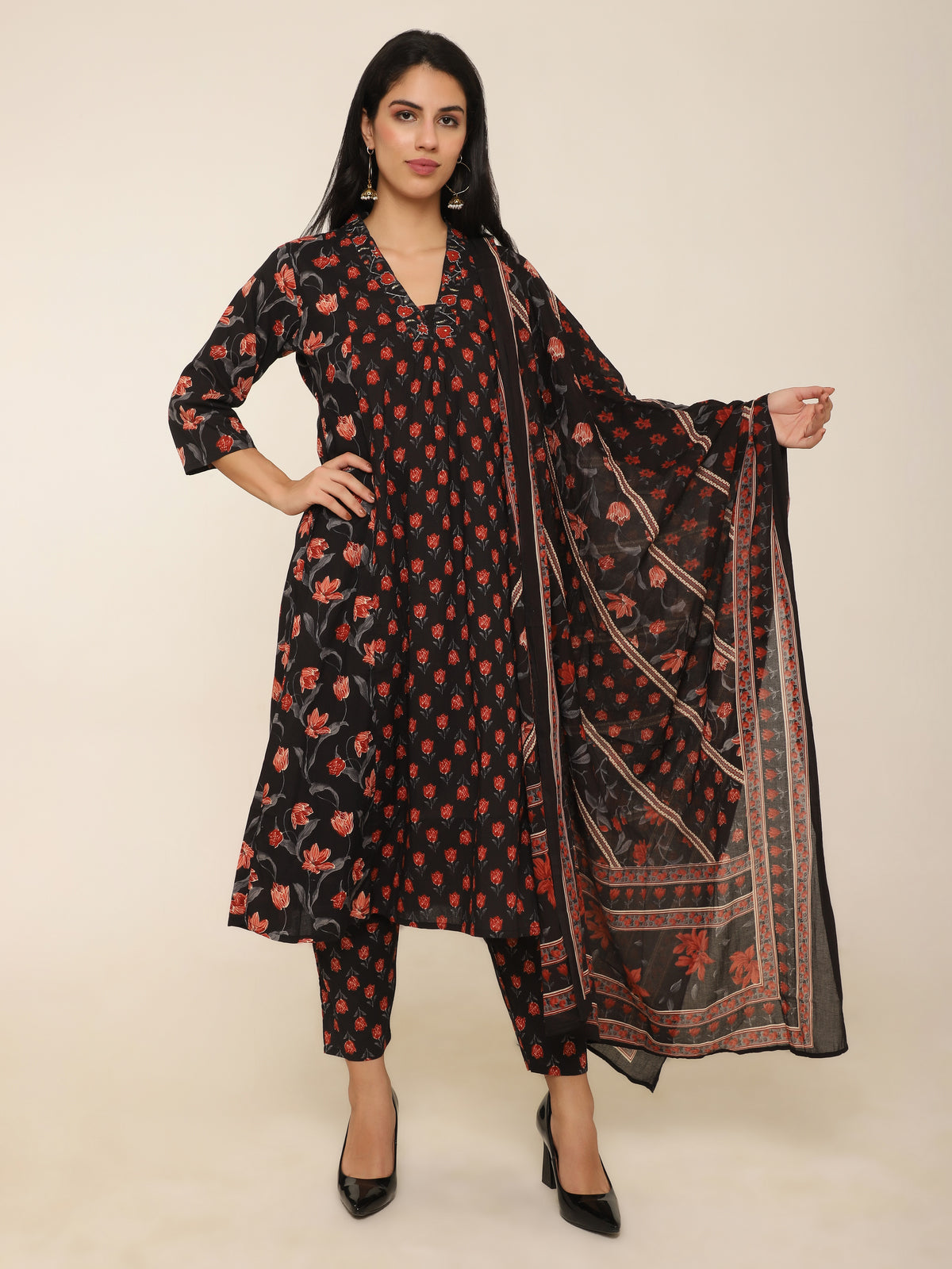 Black & Red Printed 3-Piece Suit with Dupatta & Pants