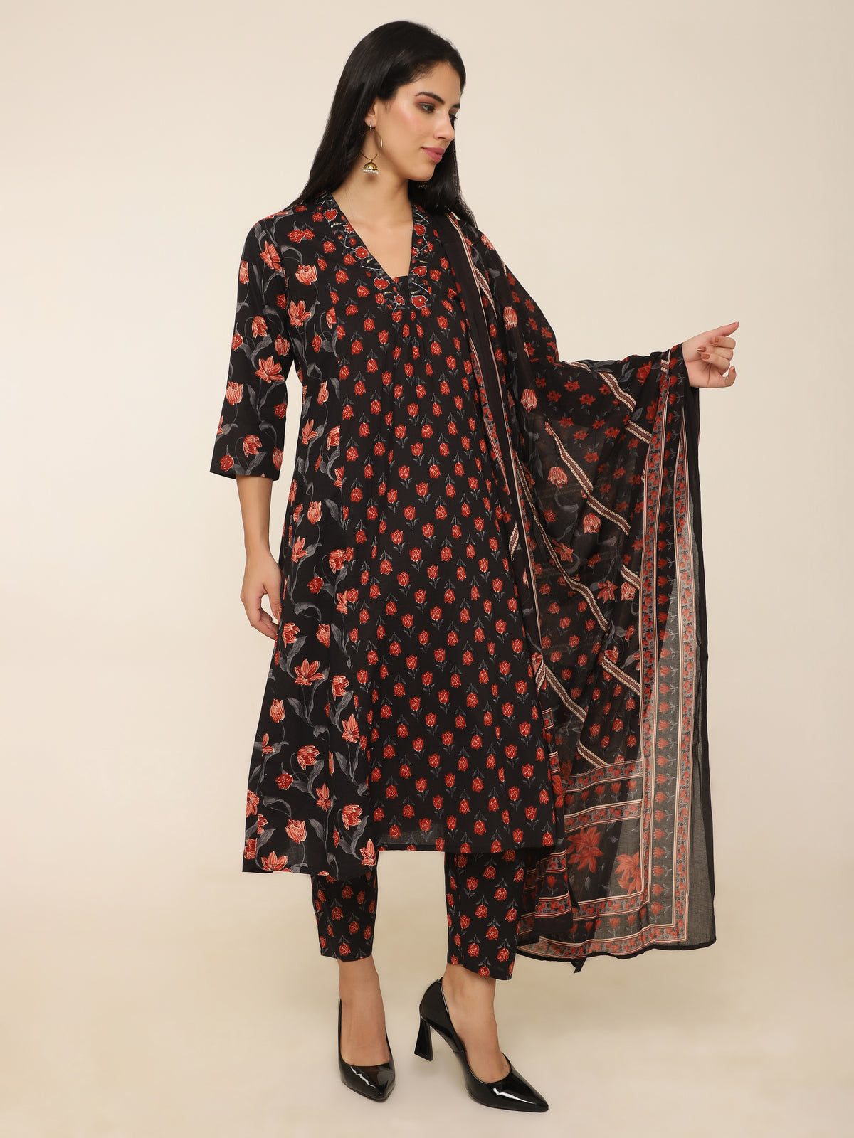 Black & Red Printed 3-Piece Suit with Dupatta & Pants