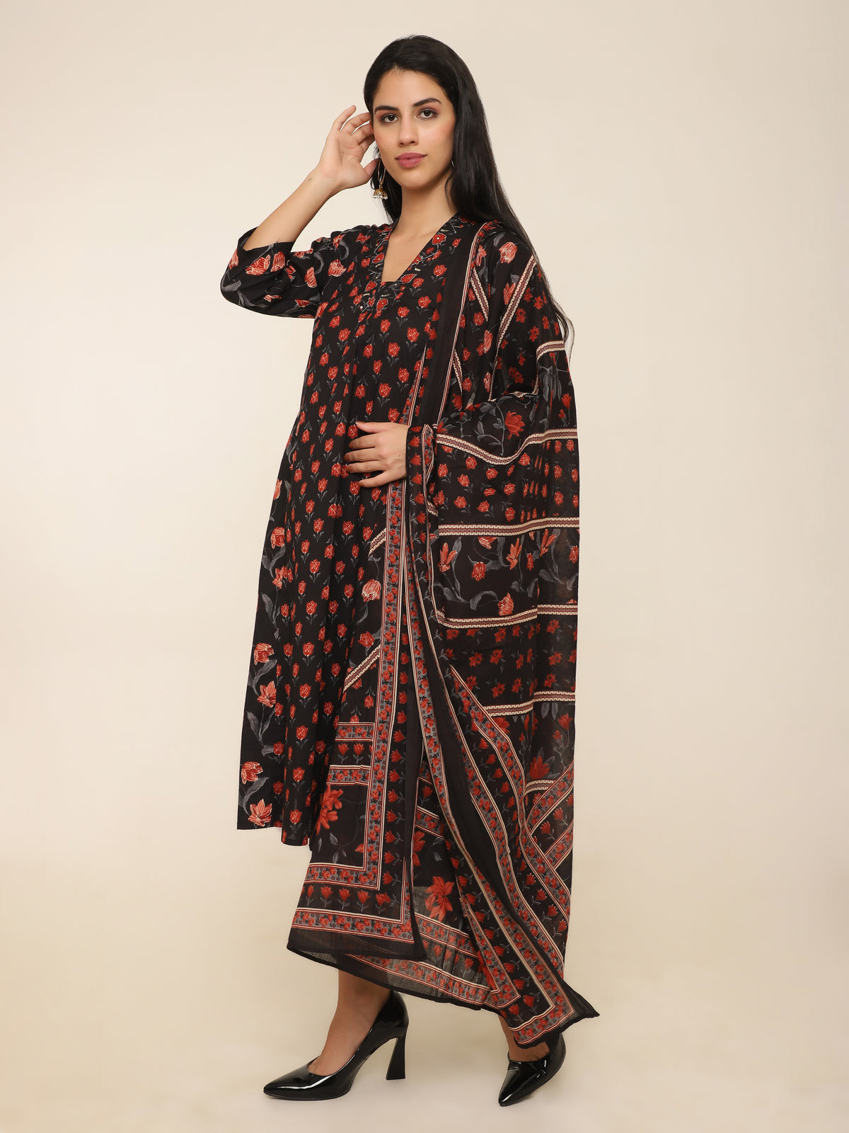 Black & Red Printed 3-Piece Suit with Dupatta & Pants