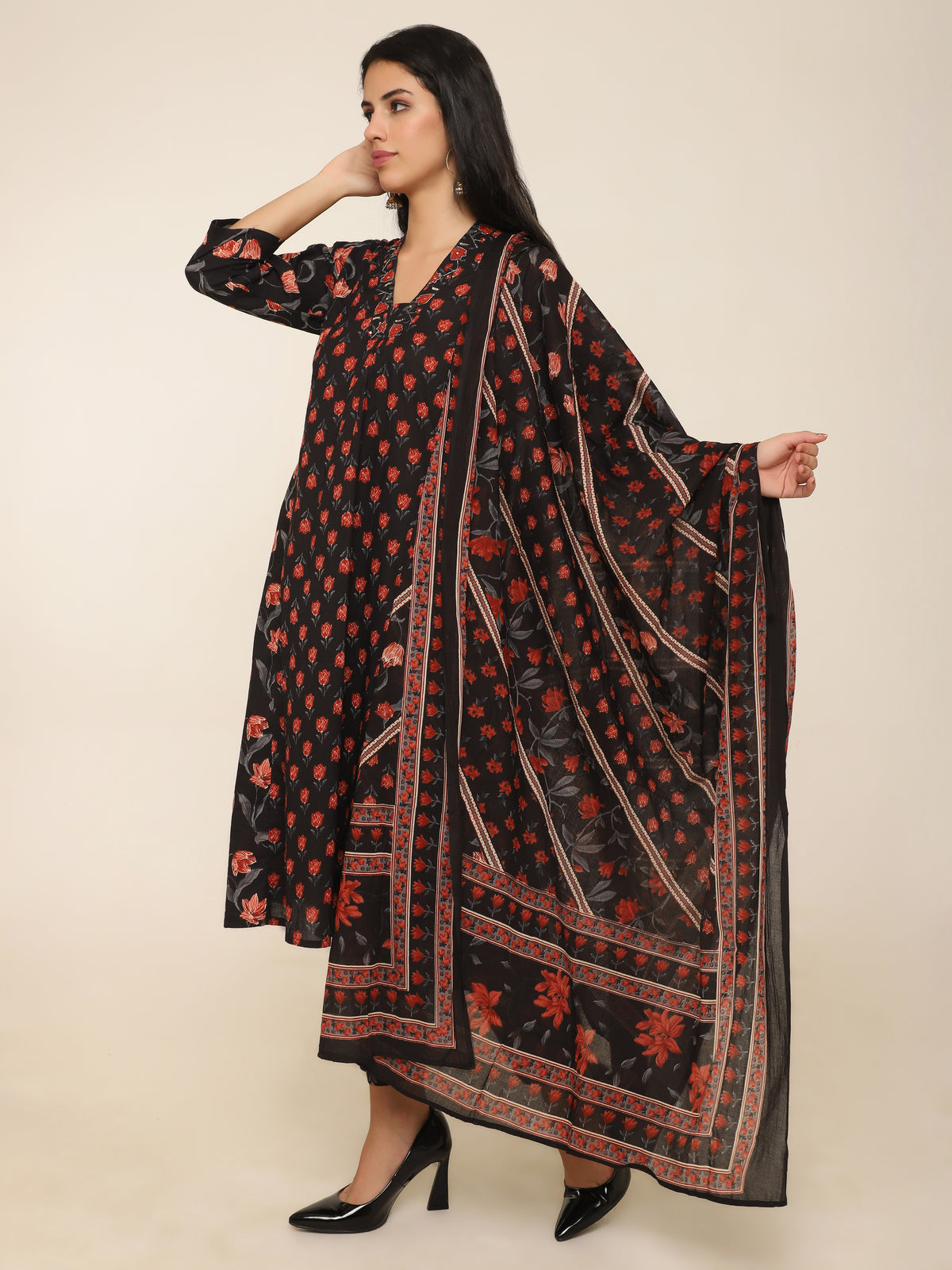 Black & Red Printed 3-Piece Suit with Dupatta & Pants
