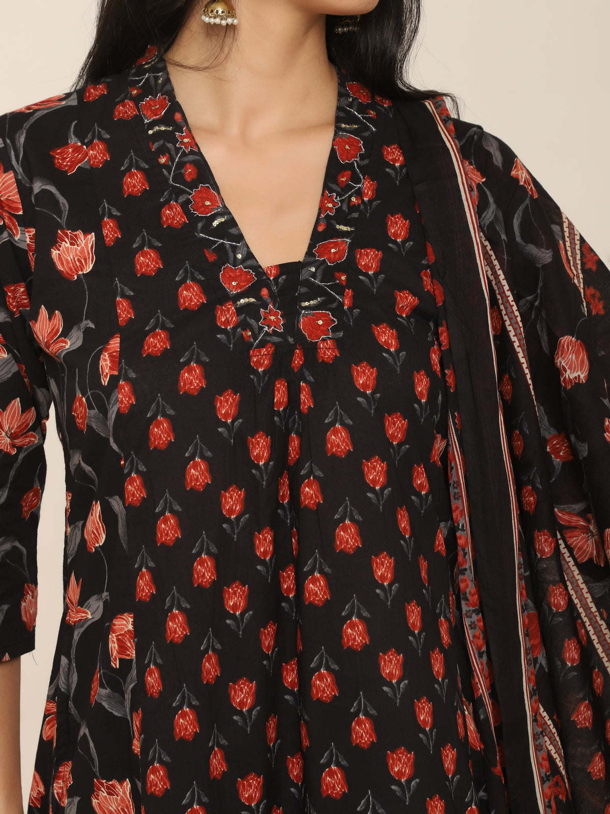 Black & Red Printed 3-Piece Suit with Dupatta & Pants