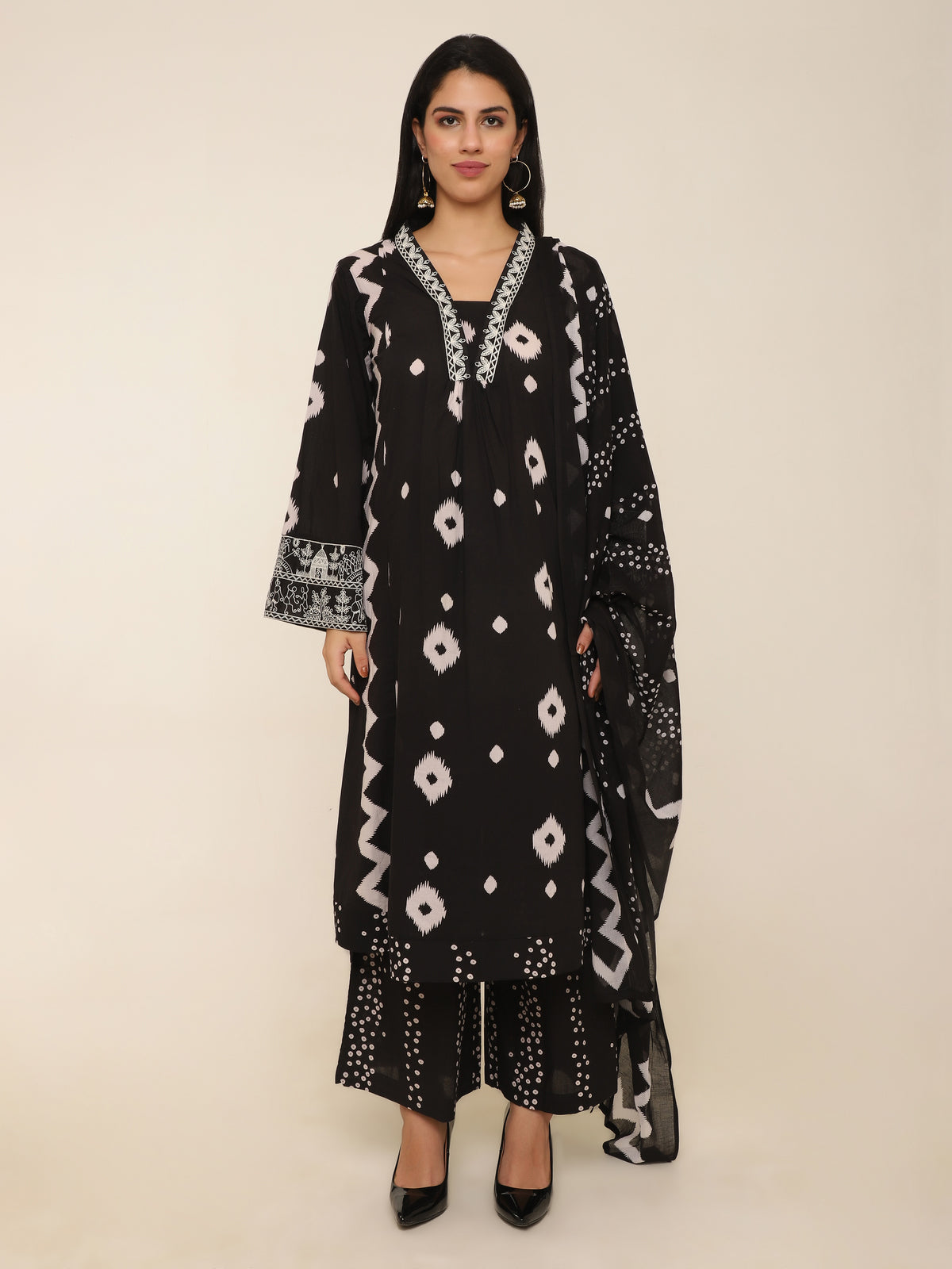 Black Printed Long Suit with Embroidery & Palazzo Pants