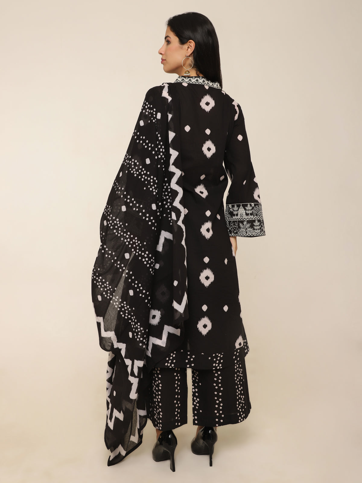 Black Printed Long Suit with Embroidery & Palazzo Pants