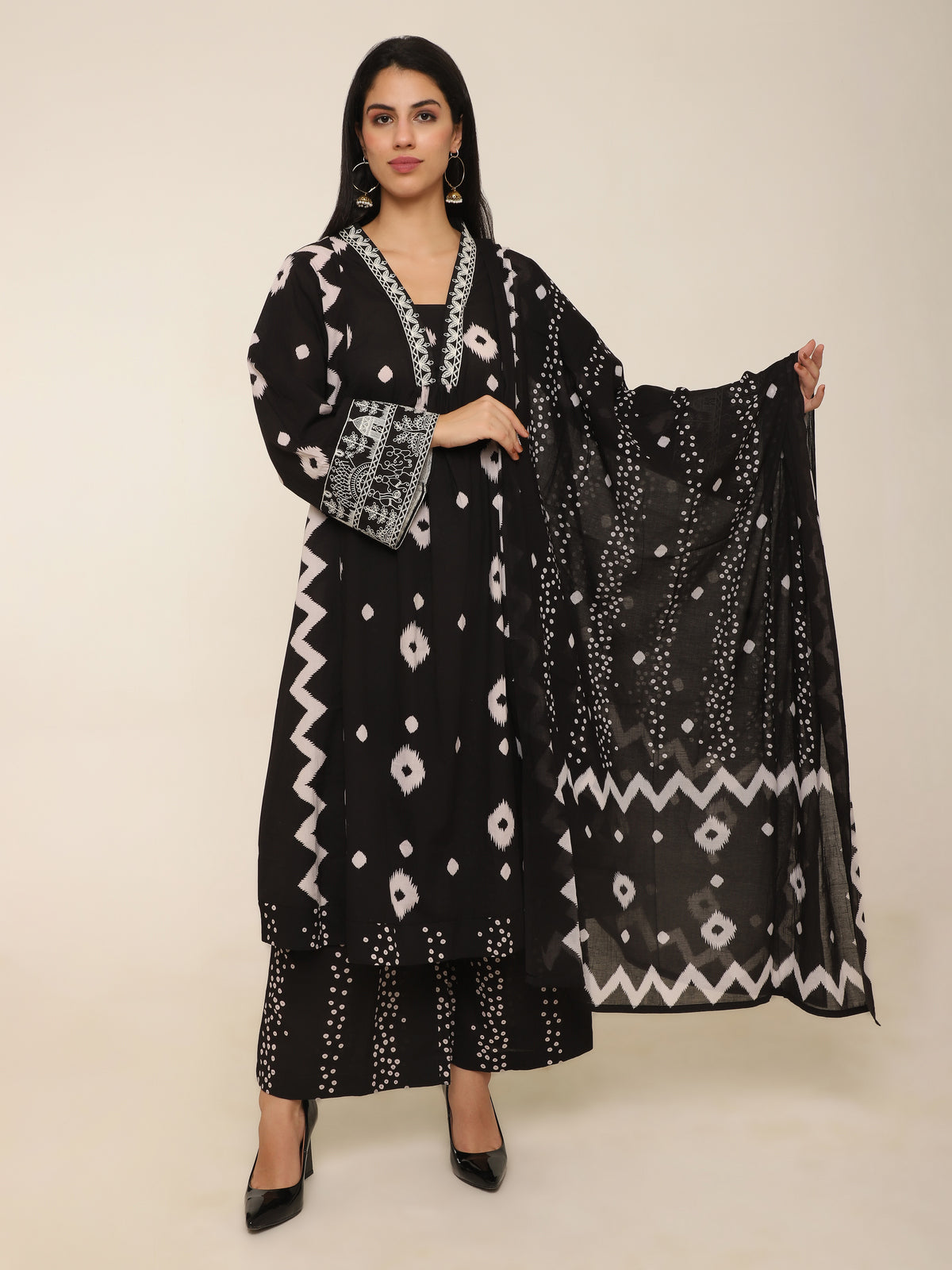 Black Printed Long Suit with Embroidery & Palazzo Pants