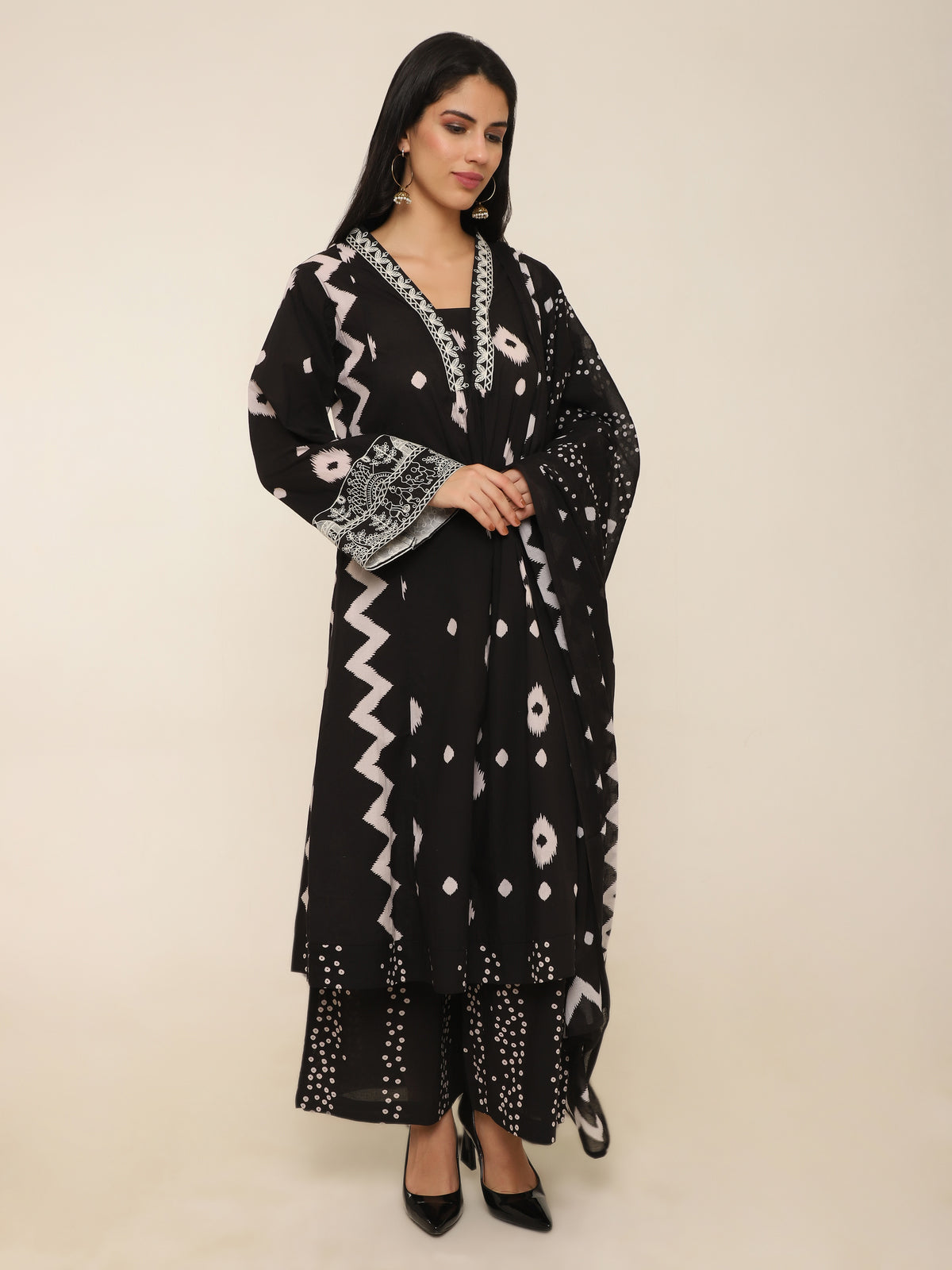 Black Printed Long Suit with Embroidery & Palazzo Pants