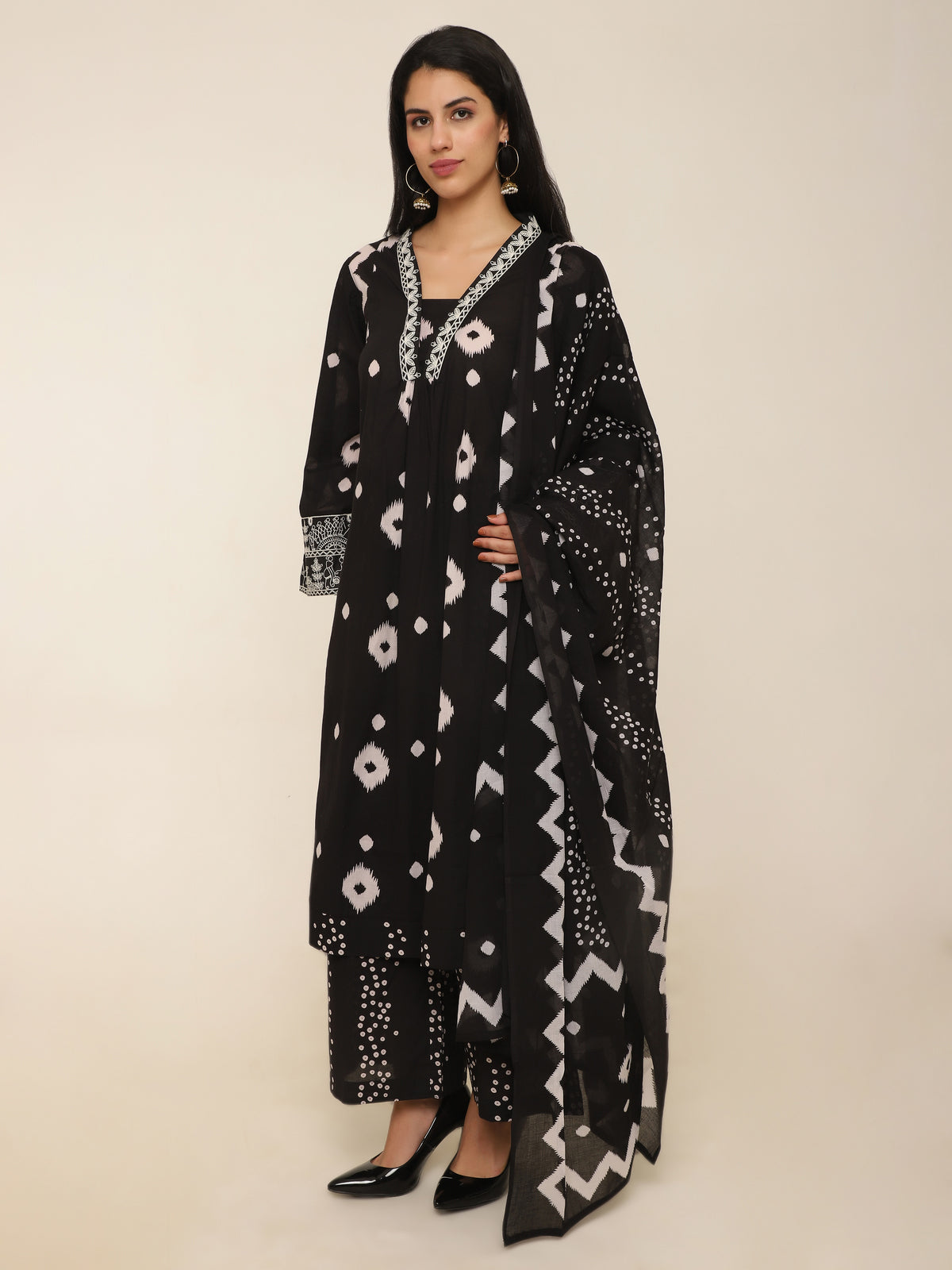 Black Printed Long Suit with Embroidery & Palazzo Pants
