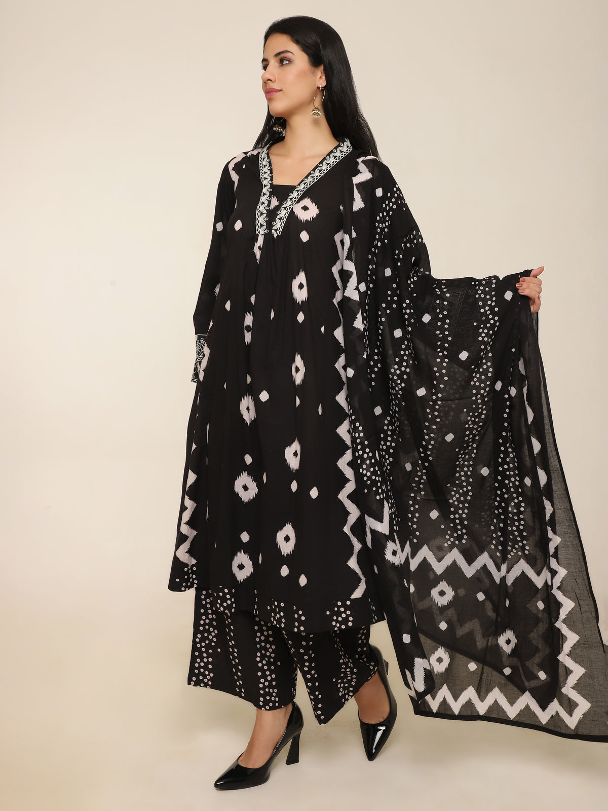 Black Printed Long Suit with Embroidery & Palazzo Pants