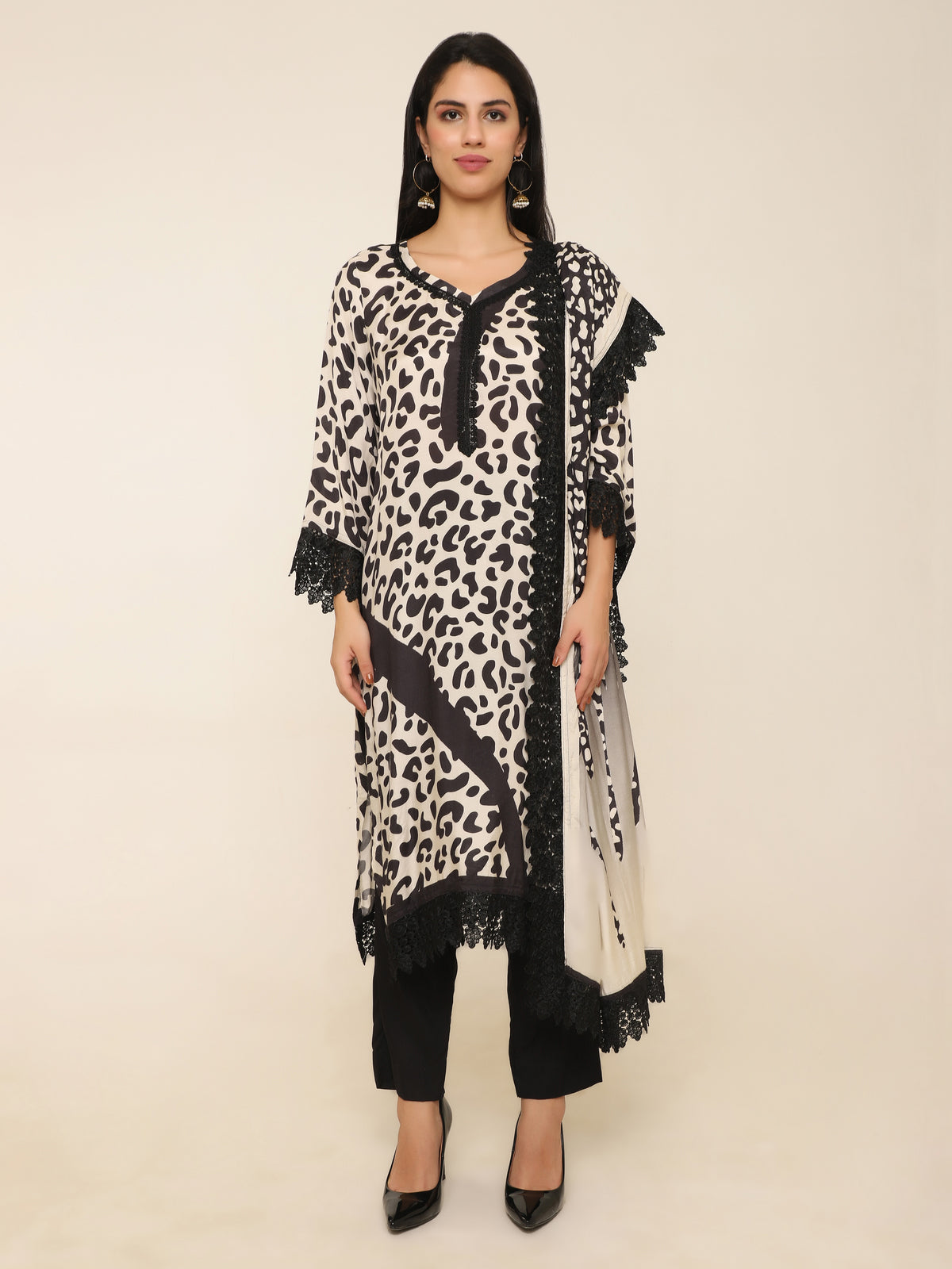 Black Animal Print Muslin Suit with Lace Borders
