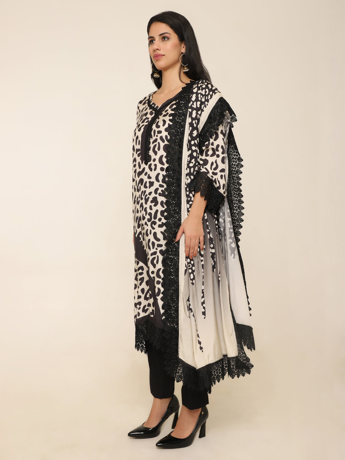 Black Animal Print Muslin Suit with Lace Borders