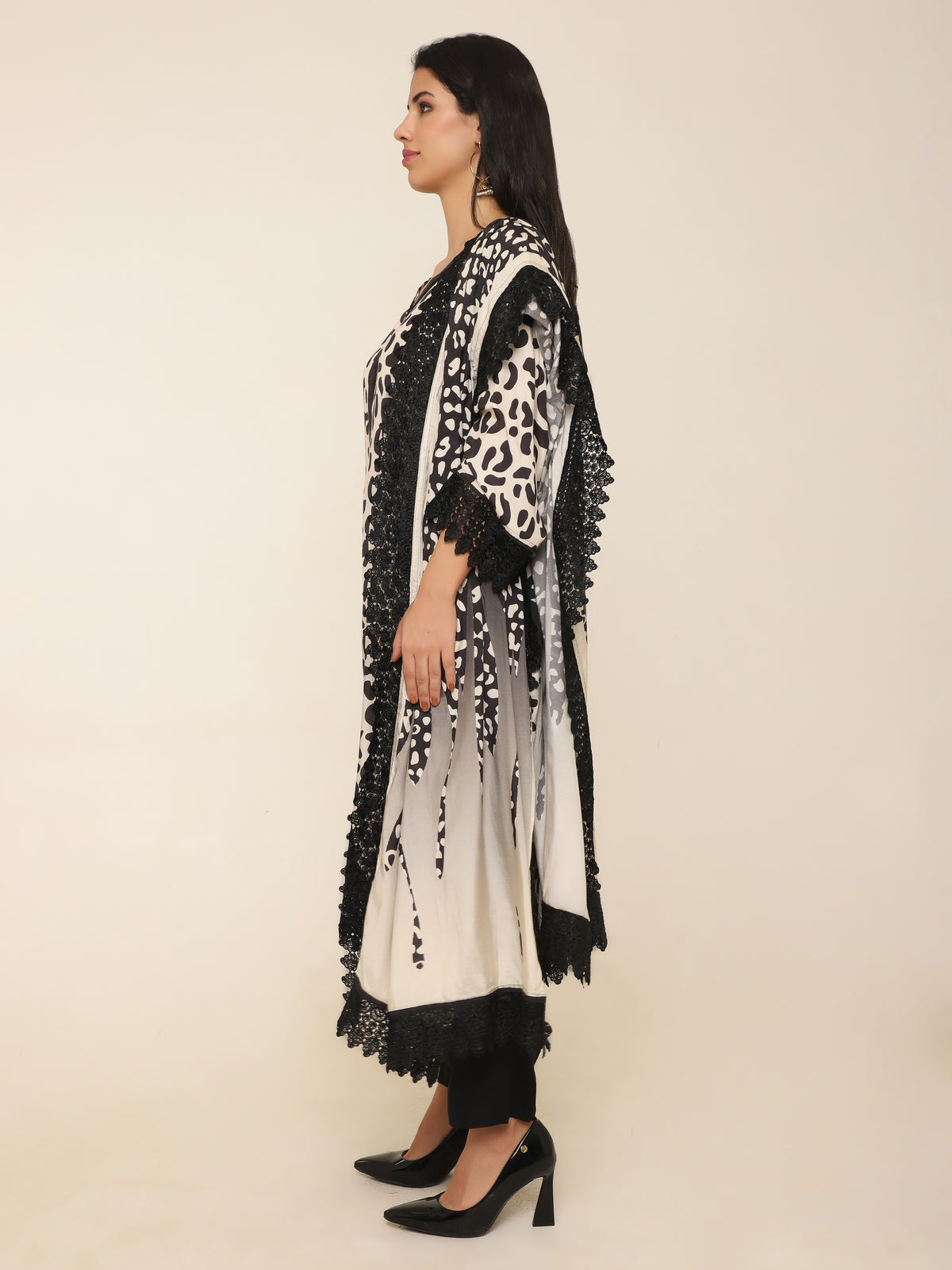 Black Animal Print Muslin Suit with Lace Borders