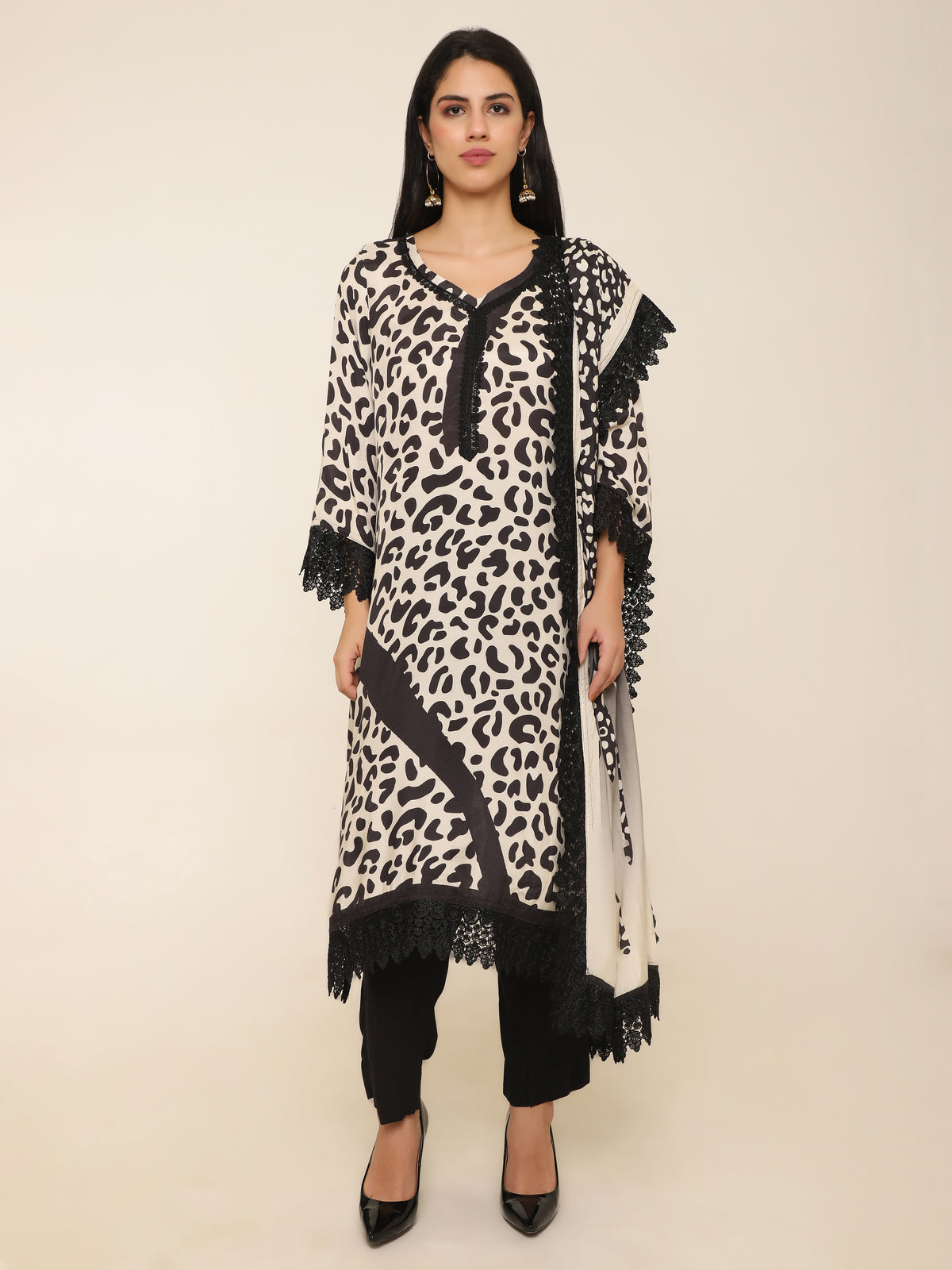 Black Animal Print Muslin Suit with Lace Borders