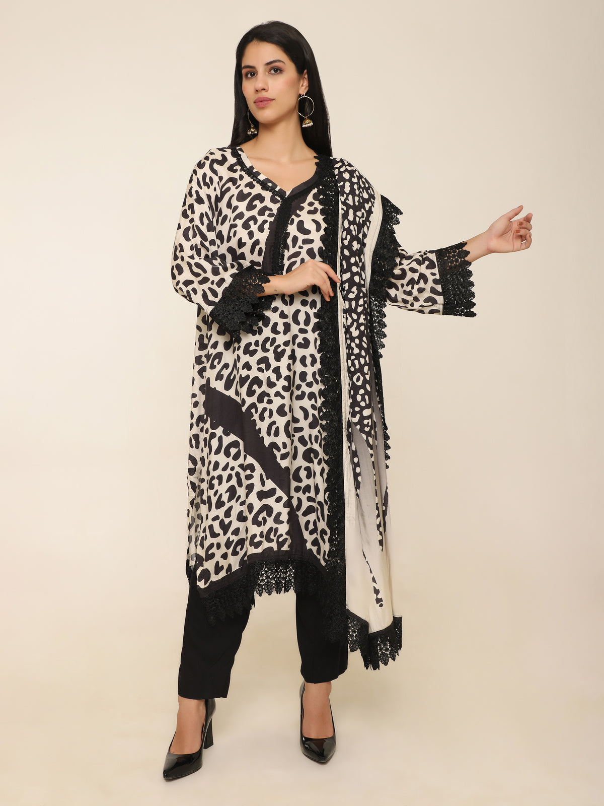 Black Animal Print Muslin Suit with Lace Borders