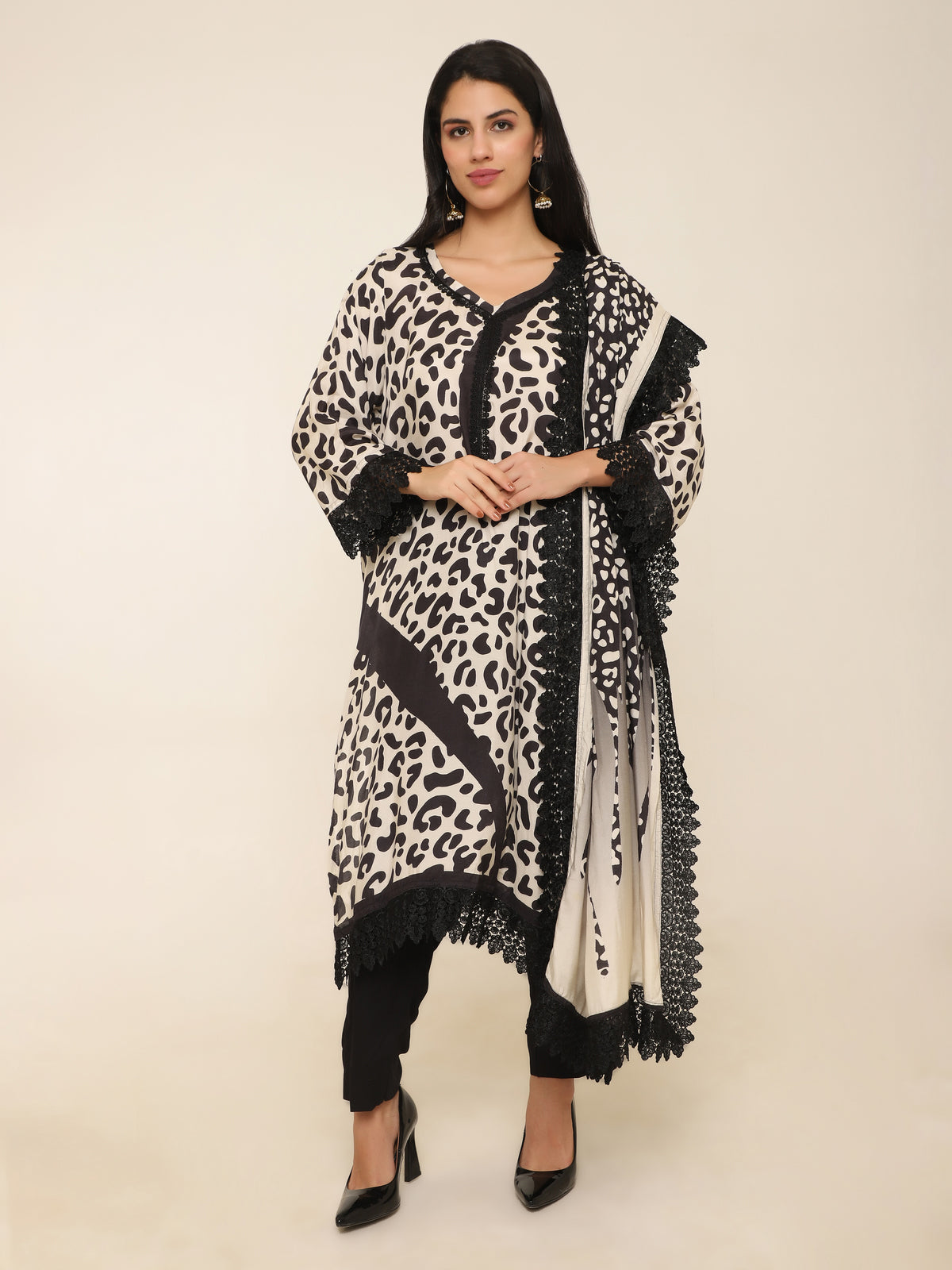 Black Animal Print Muslin Suit with Lace Borders