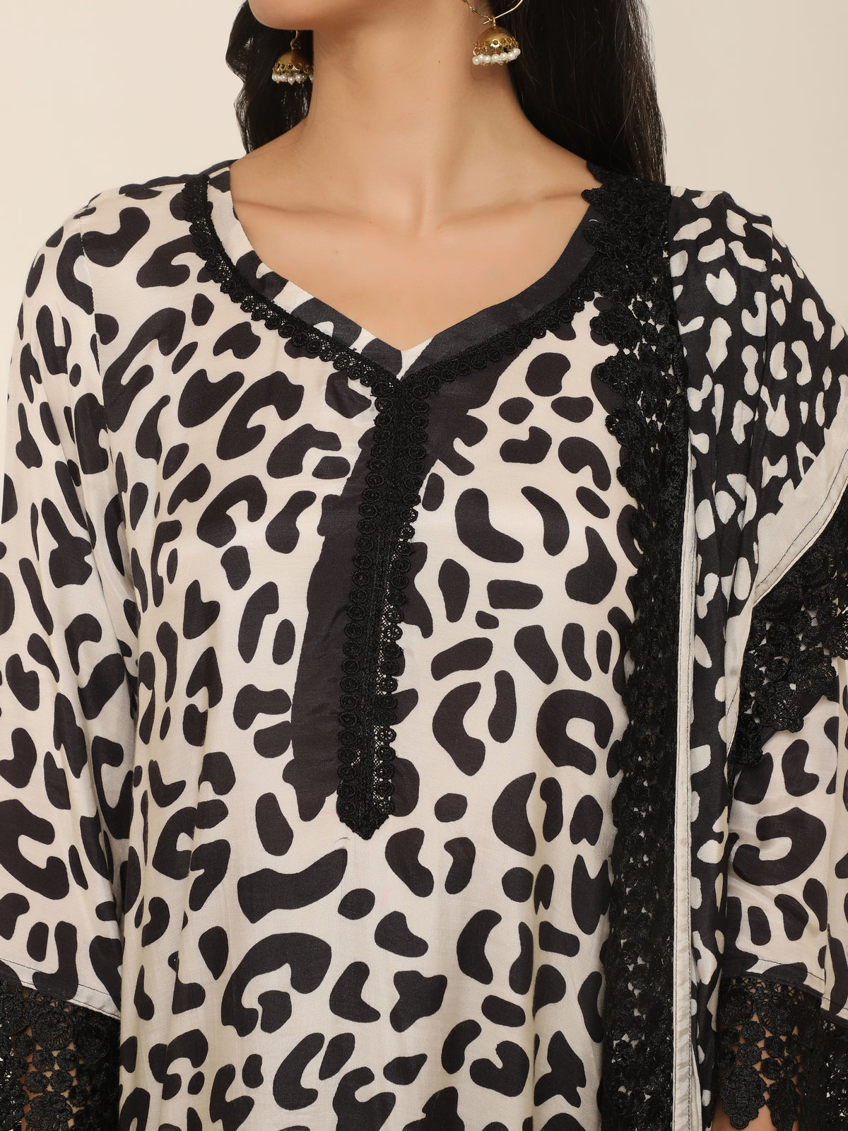 Black Animal Print Muslin Suit with Lace Borders