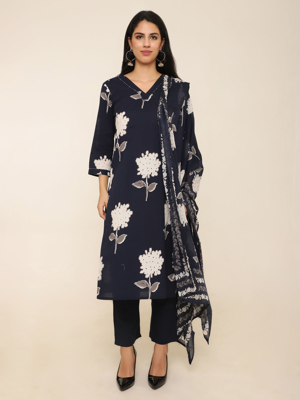 Navy Floral Printed Cotton 3-Piece Suit with Dupatta & Solid Pants
