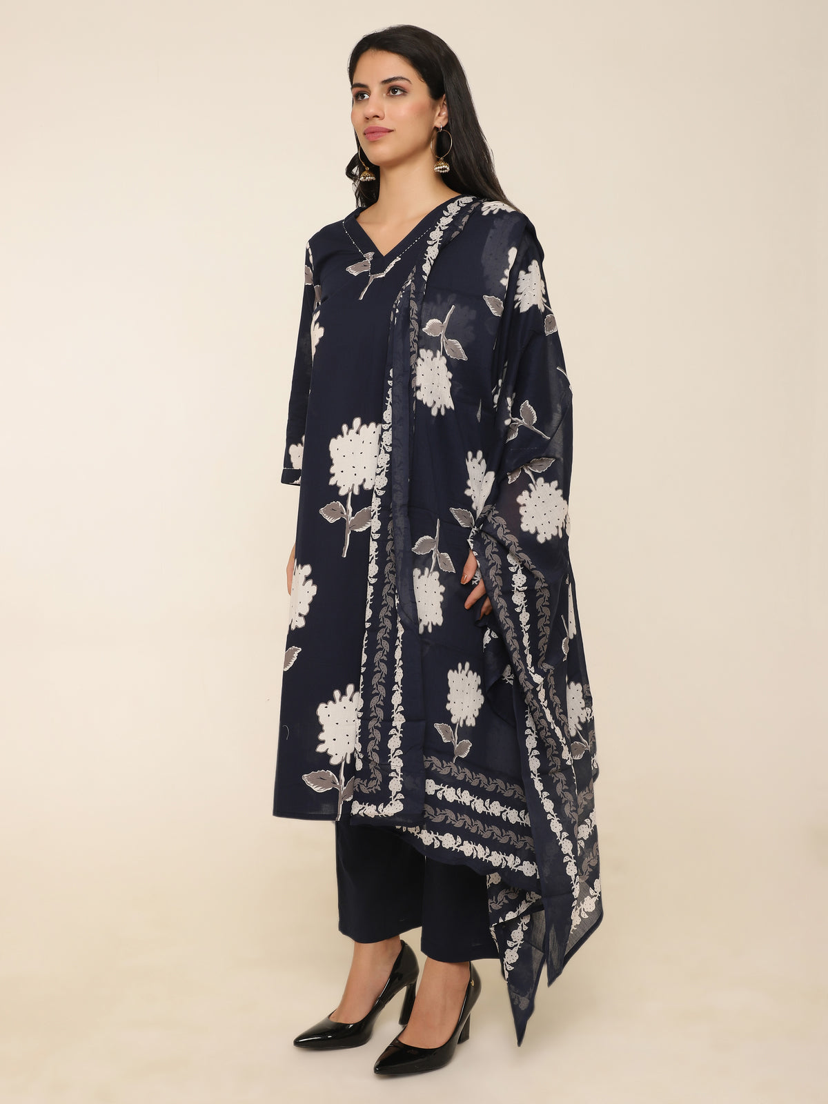 Navy Floral Printed Cotton 3-Piece Suit with Dupatta & Solid Pants