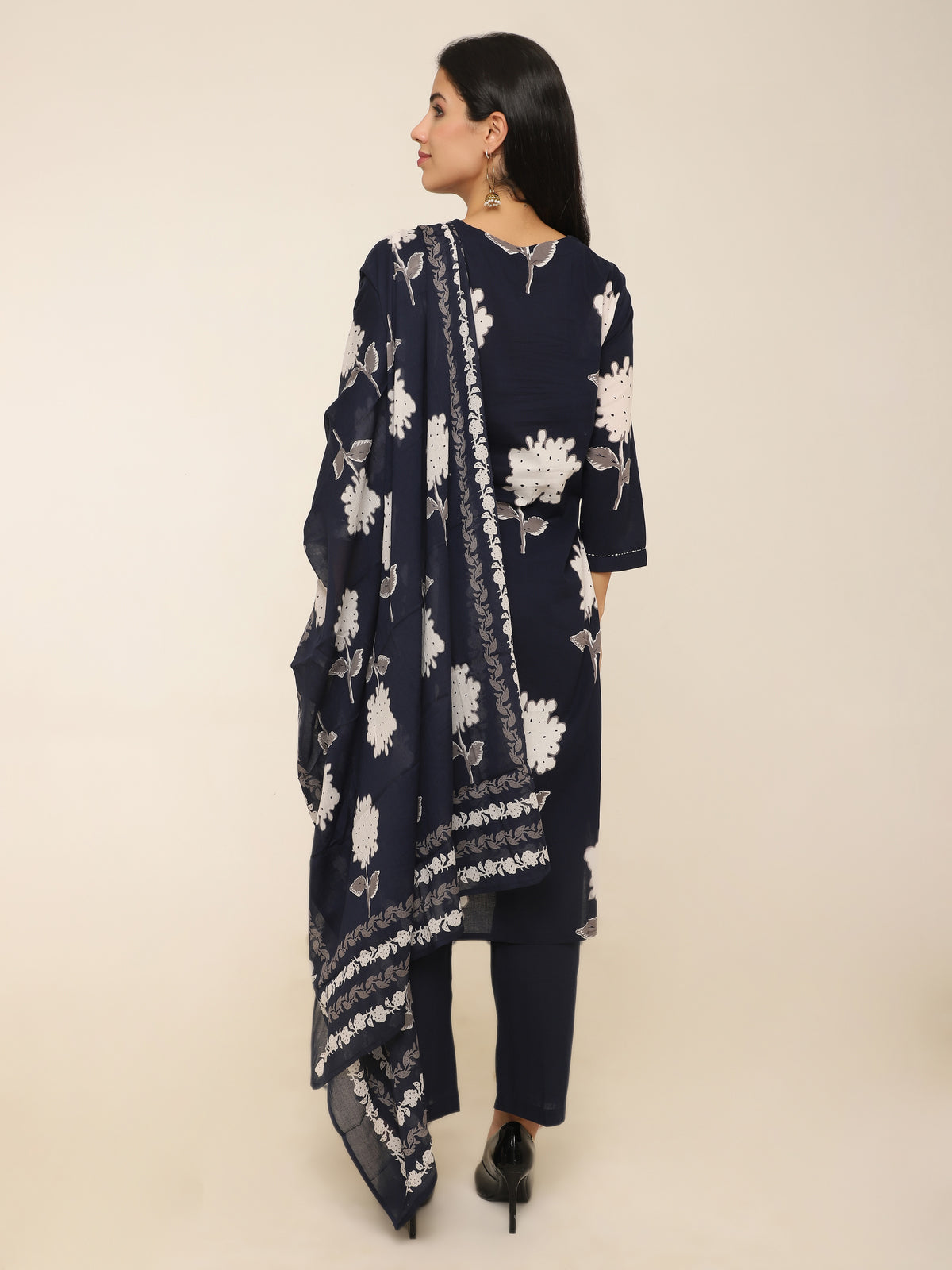 Navy Floral Printed Cotton 3-Piece Suit with Dupatta & Solid Pants