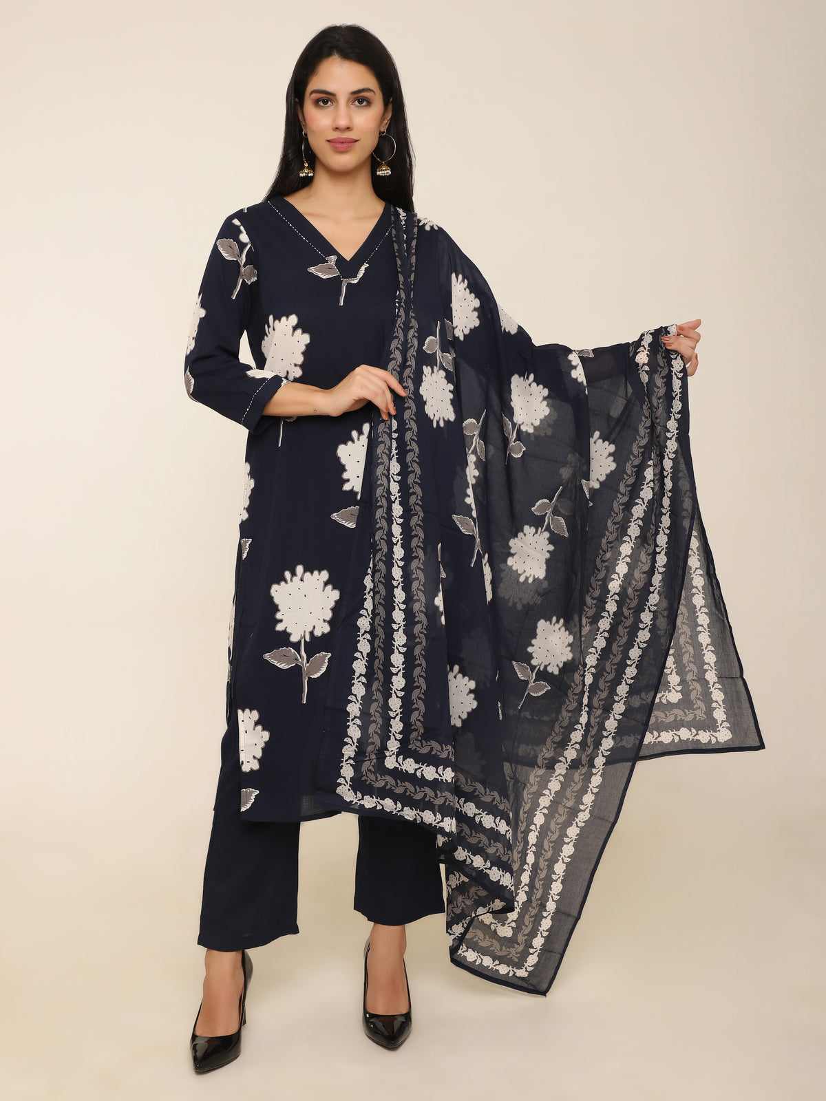 Navy Floral Printed Cotton 3-Piece Suit with Dupatta & Solid Pants