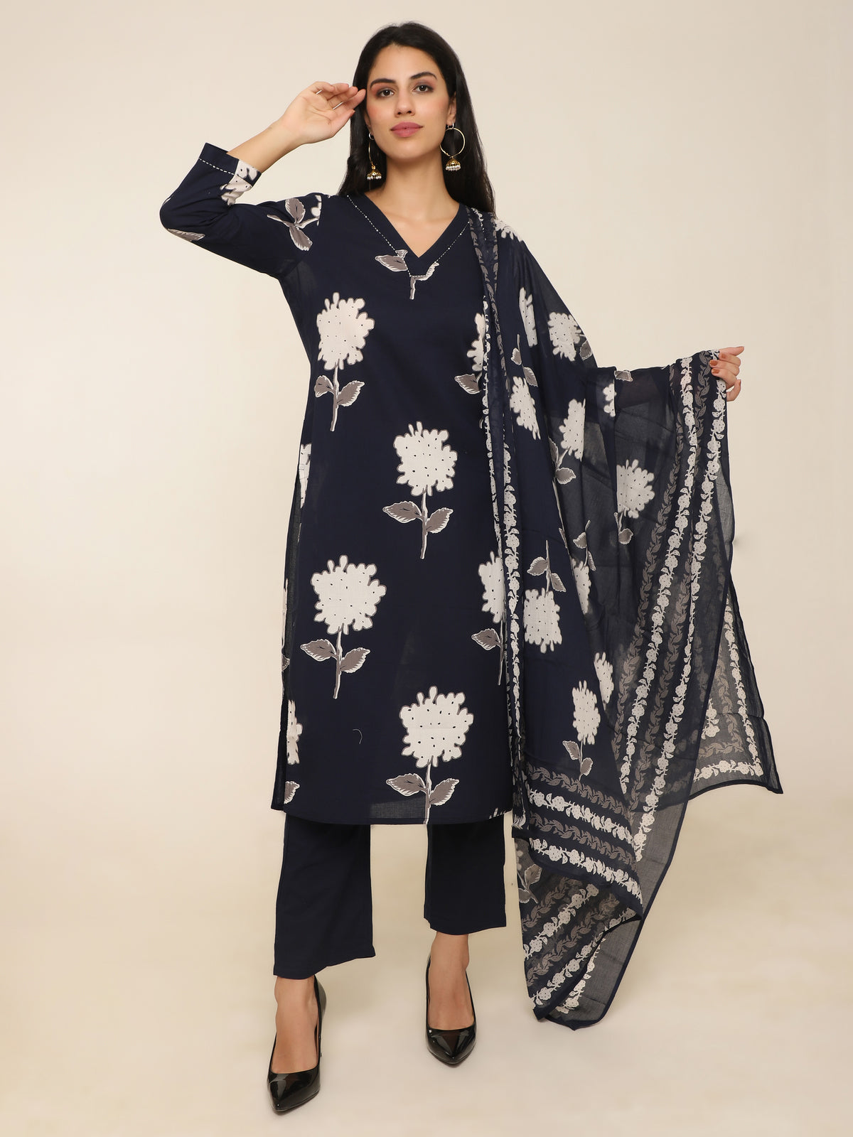 Navy Floral Printed Cotton 3-Piece Suit with Dupatta & Solid Pants