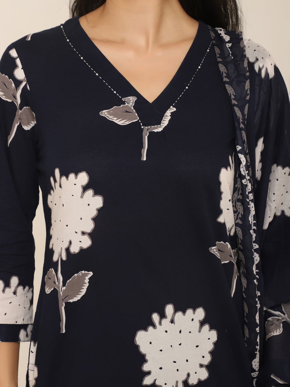Navy Floral Printed Cotton 3-Piece Suit with Dupatta & Solid Pants