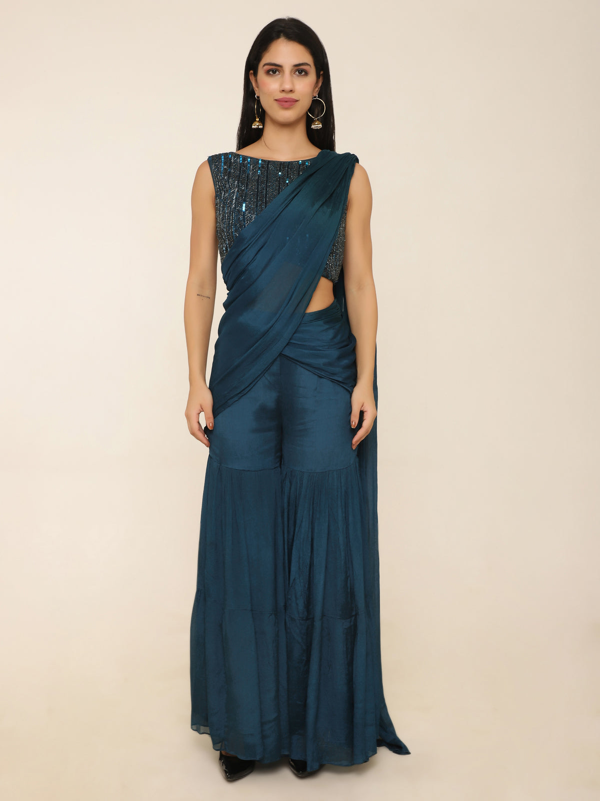 Bottle Green Draped Sharara Saree with Embellished Blouse