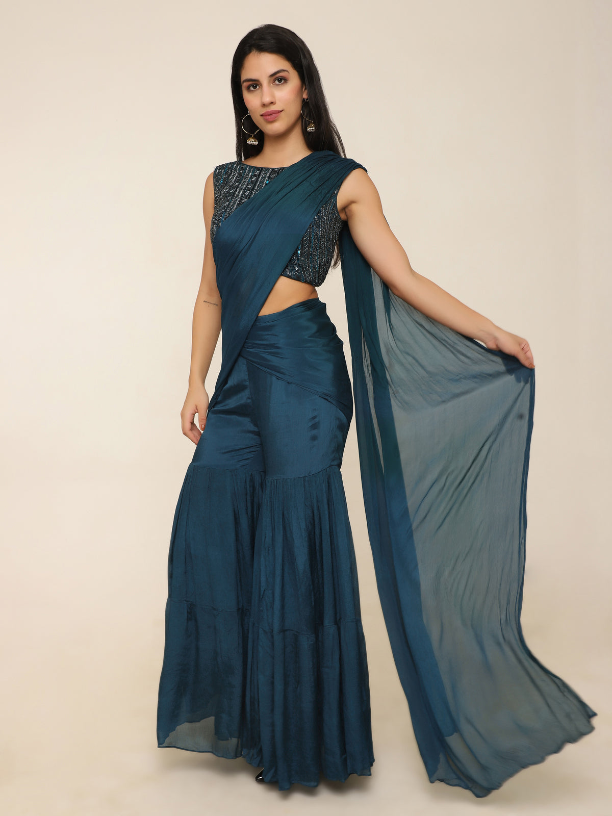 Bottle Green Draped Sharara Saree with Embellished Blouse