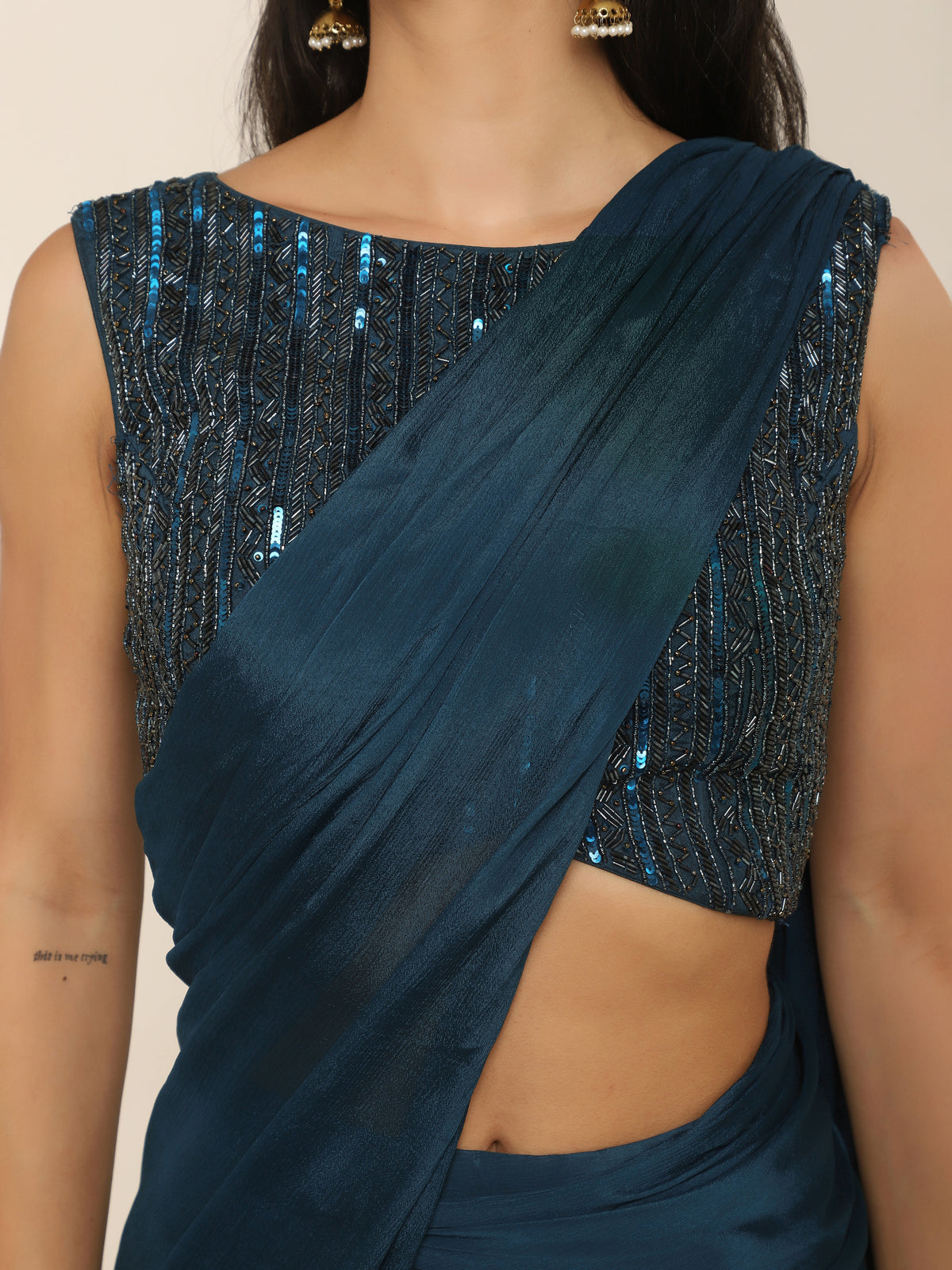 Bottle Green Draped Sharara Saree with Embellished Blouse