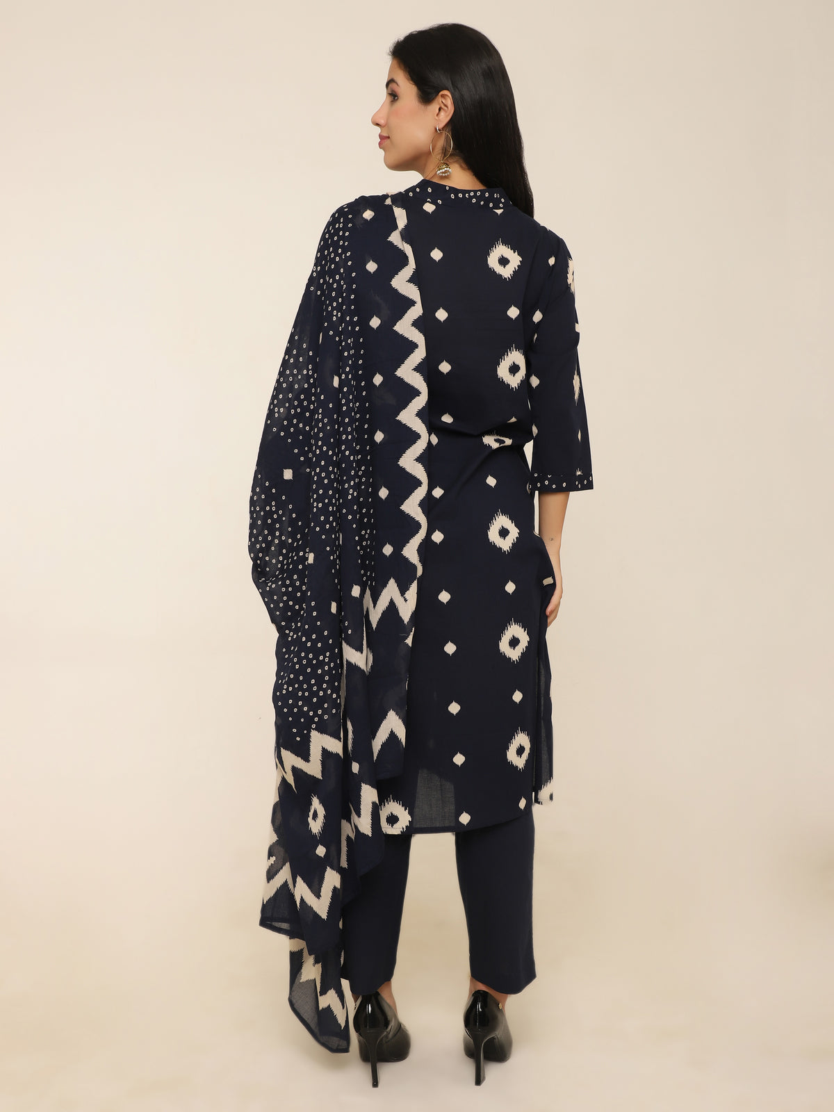 Navy Abstract Printed Cotton 3-Piece Suit with Sequins