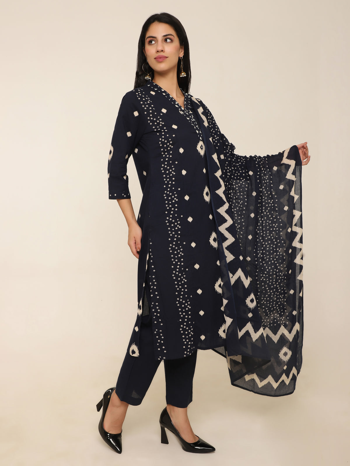 Navy Abstract Printed Cotton 3-Piece Suit with Sequins