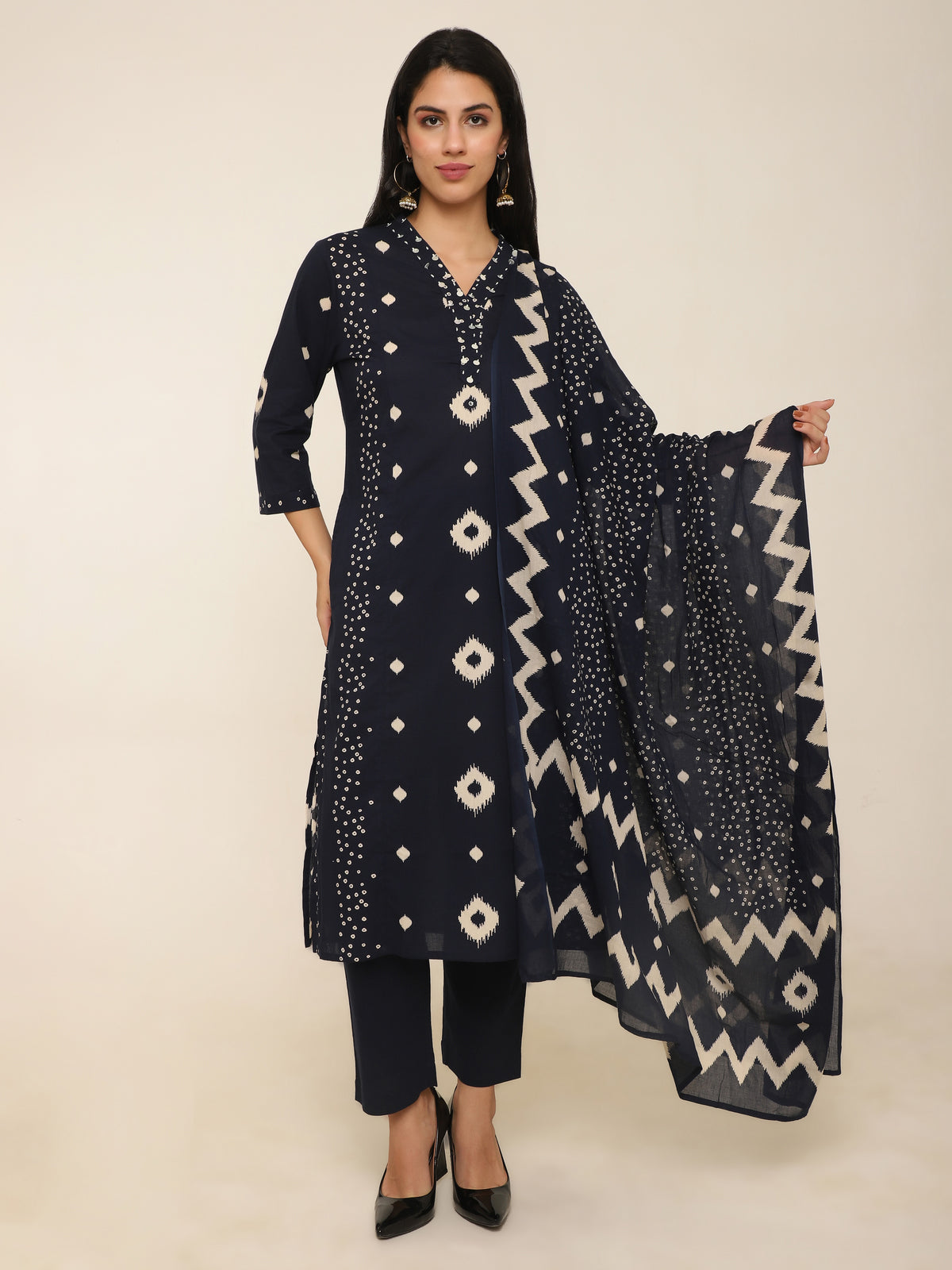 Navy Abstract Printed Cotton 3-Piece Suit with Sequins