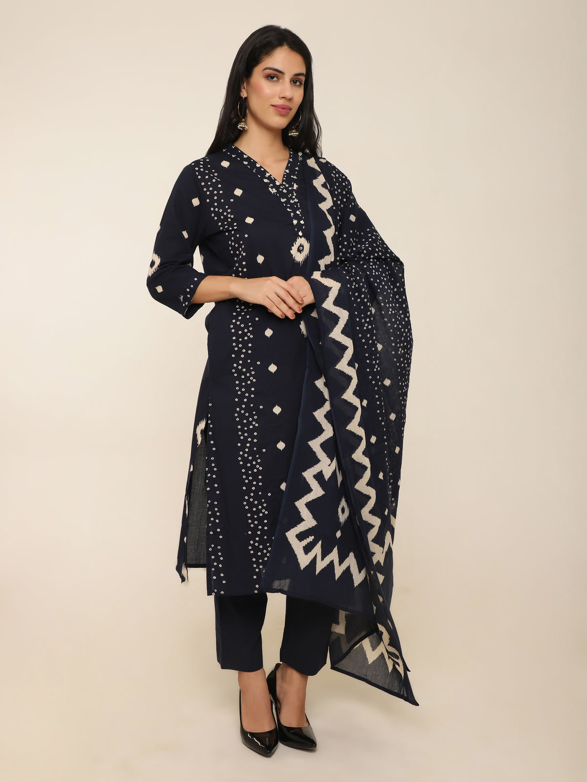 Navy Abstract Printed Cotton 3-Piece Suit with Sequins