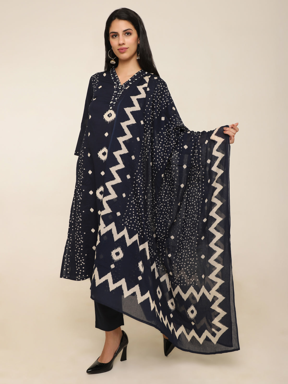 Navy Abstract Printed Cotton 3-Piece Suit with Sequins
