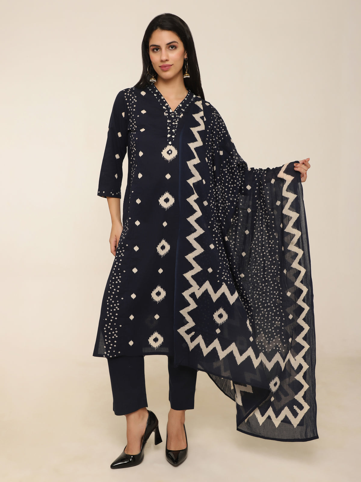 Navy Abstract Printed Cotton 3-Piece Suit with Sequins
