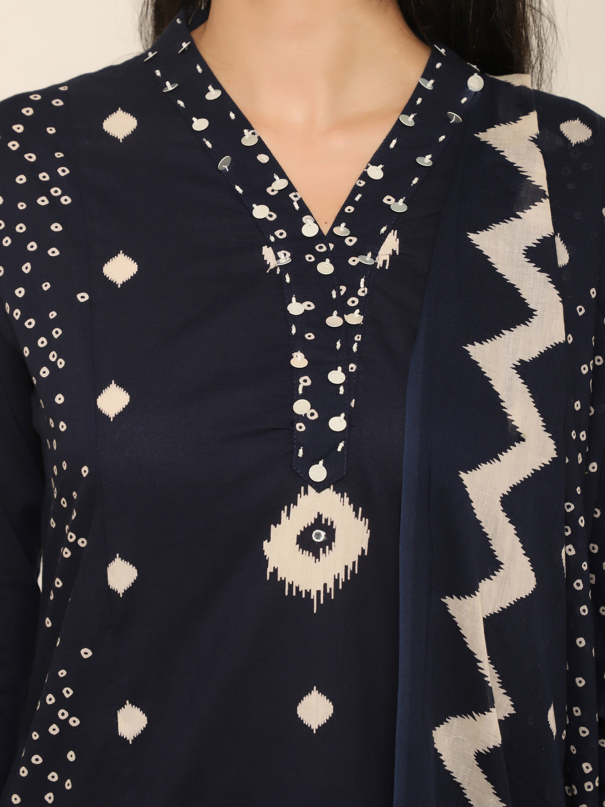Navy Abstract Printed Cotton 3-Piece Suit with Sequins