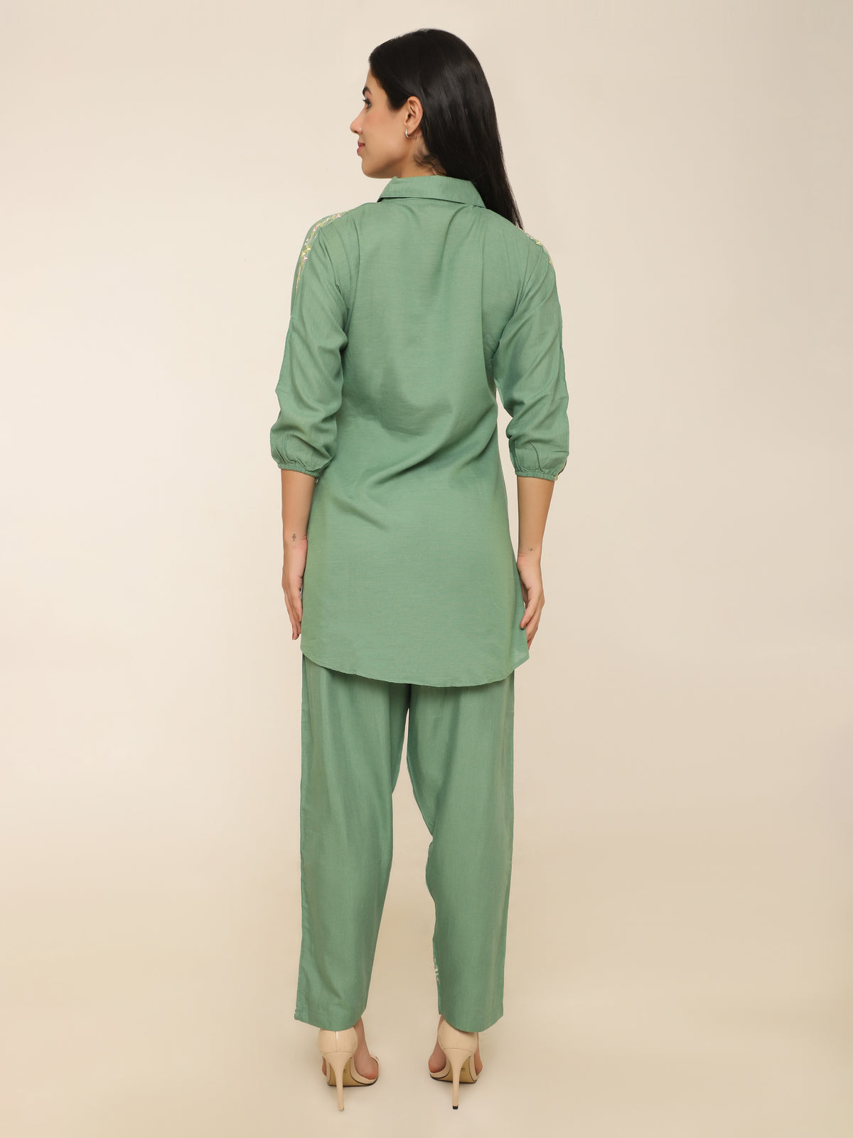Green Co-ord Set with Embroidery on Sleeves, Collar & Pant Hems