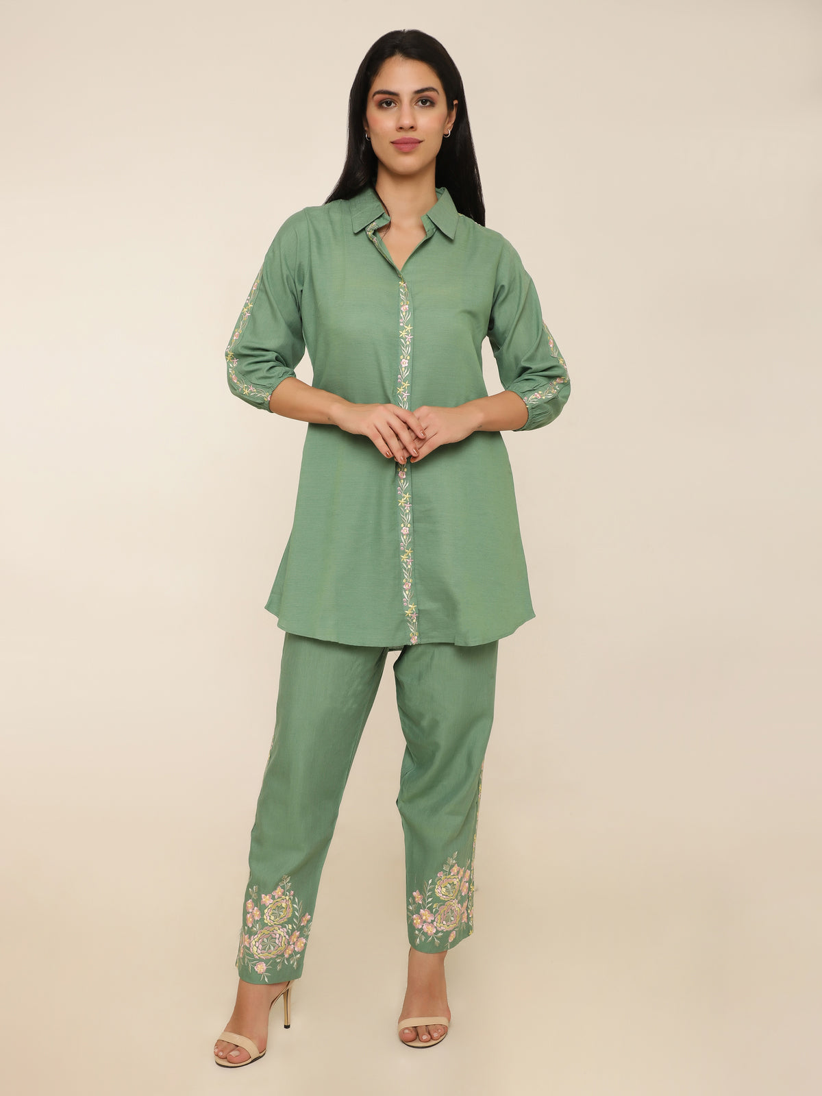 Green Co-ord Set with Embroidery on Sleeves, Collar & Pant Hems