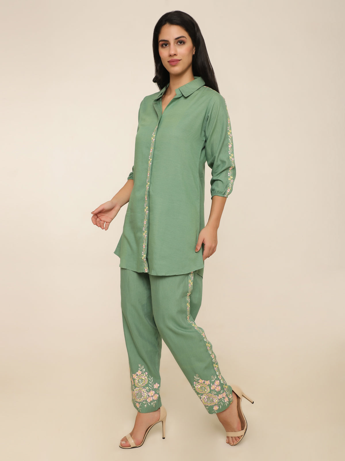 Green Co-ord Set with Embroidery on Sleeves, Collar & Pant Hems