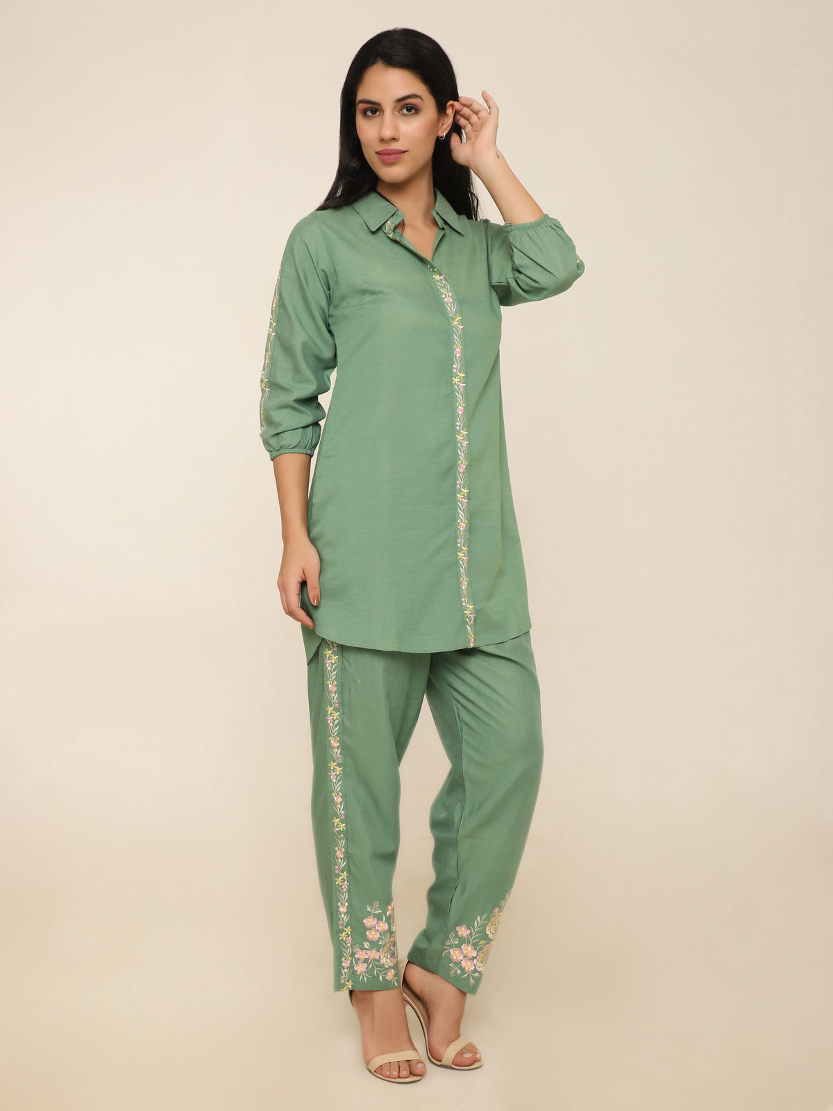 Green Co-ord Set with Embroidery on Sleeves, Collar & Pant Hems