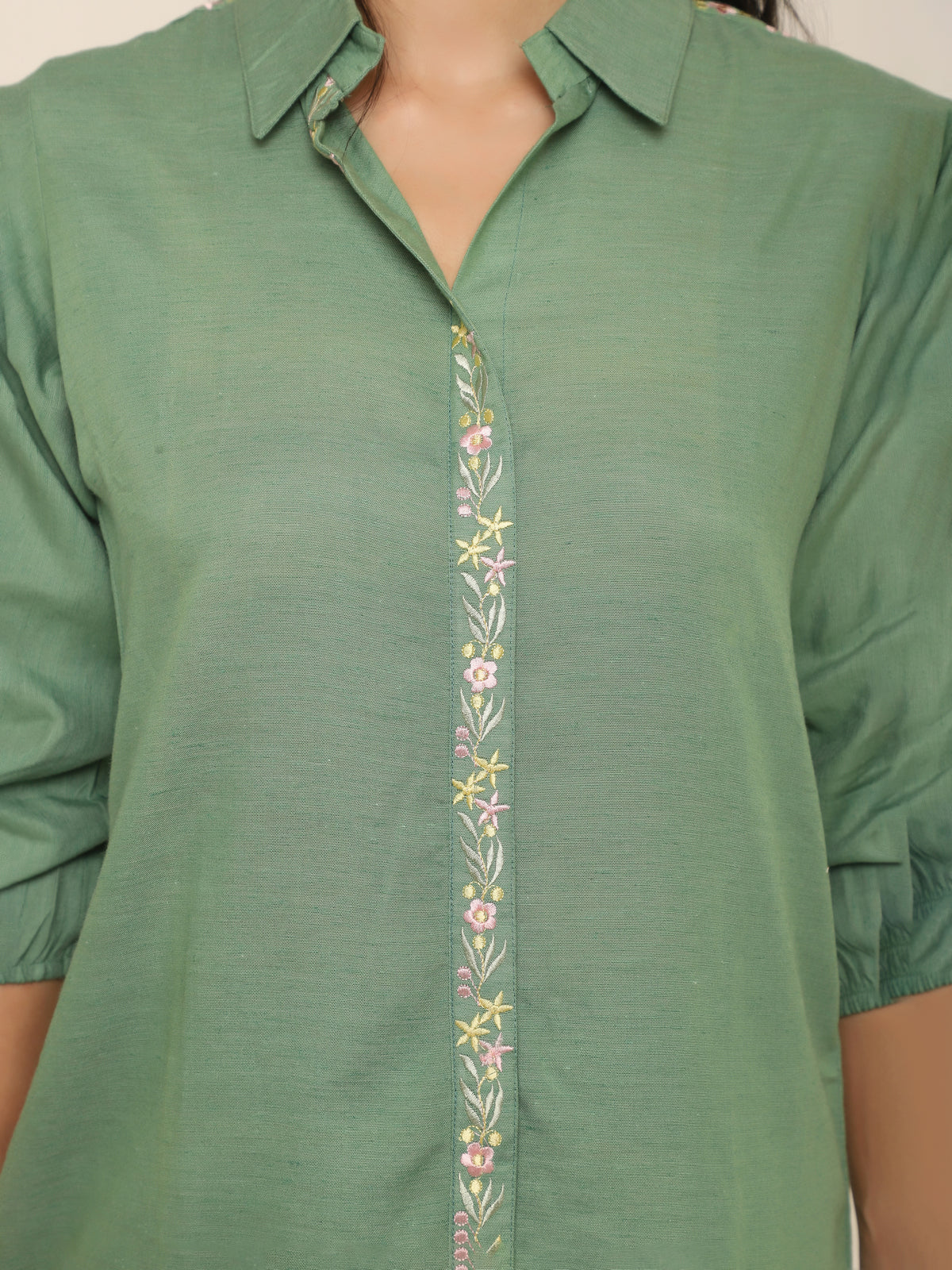 Green Co-ord Set with Embroidery on Sleeves, Collar & Pant Hems