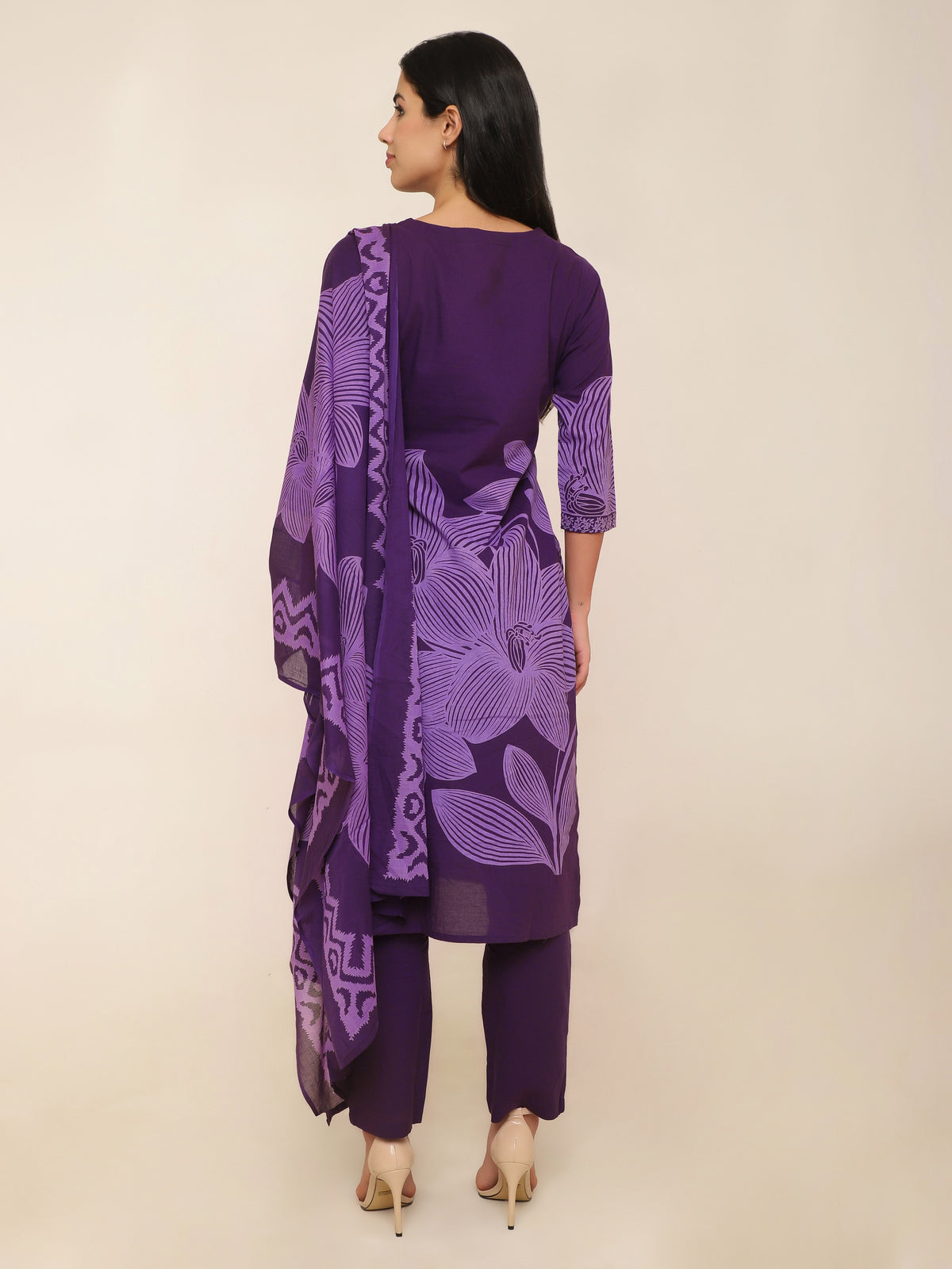 Purple Floral Printed 3-Piece Suit with Embroidery & Tassel Detail