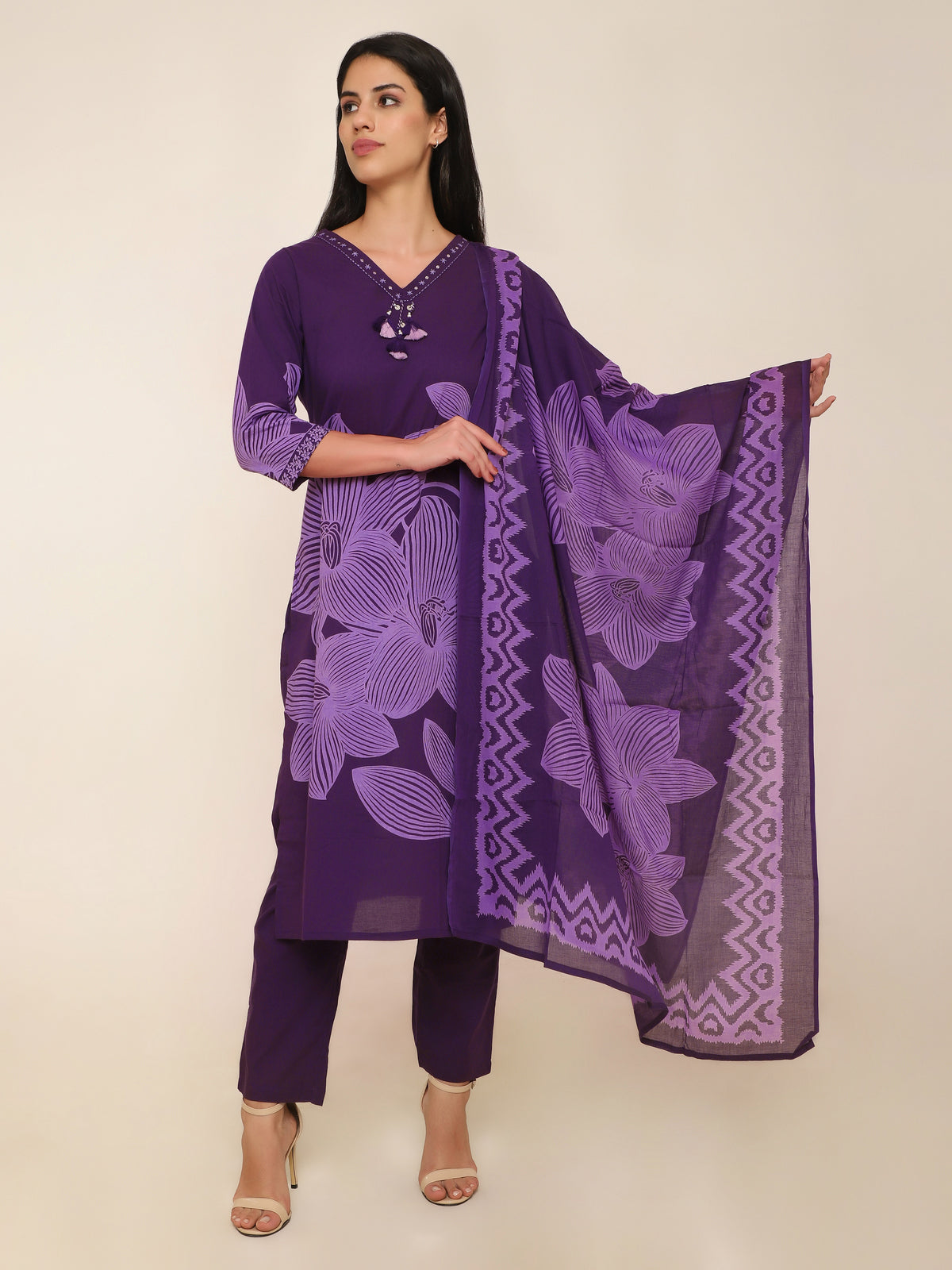 Purple Floral Printed 3-Piece Suit with Embroidery & Tassel Detail