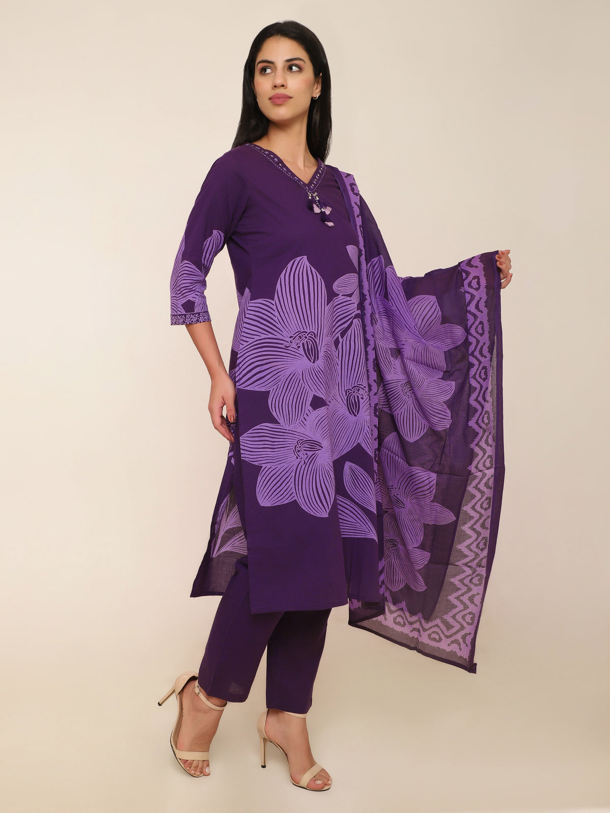 Purple Floral Printed 3-Piece Suit with Embroidery & Tassel Detail