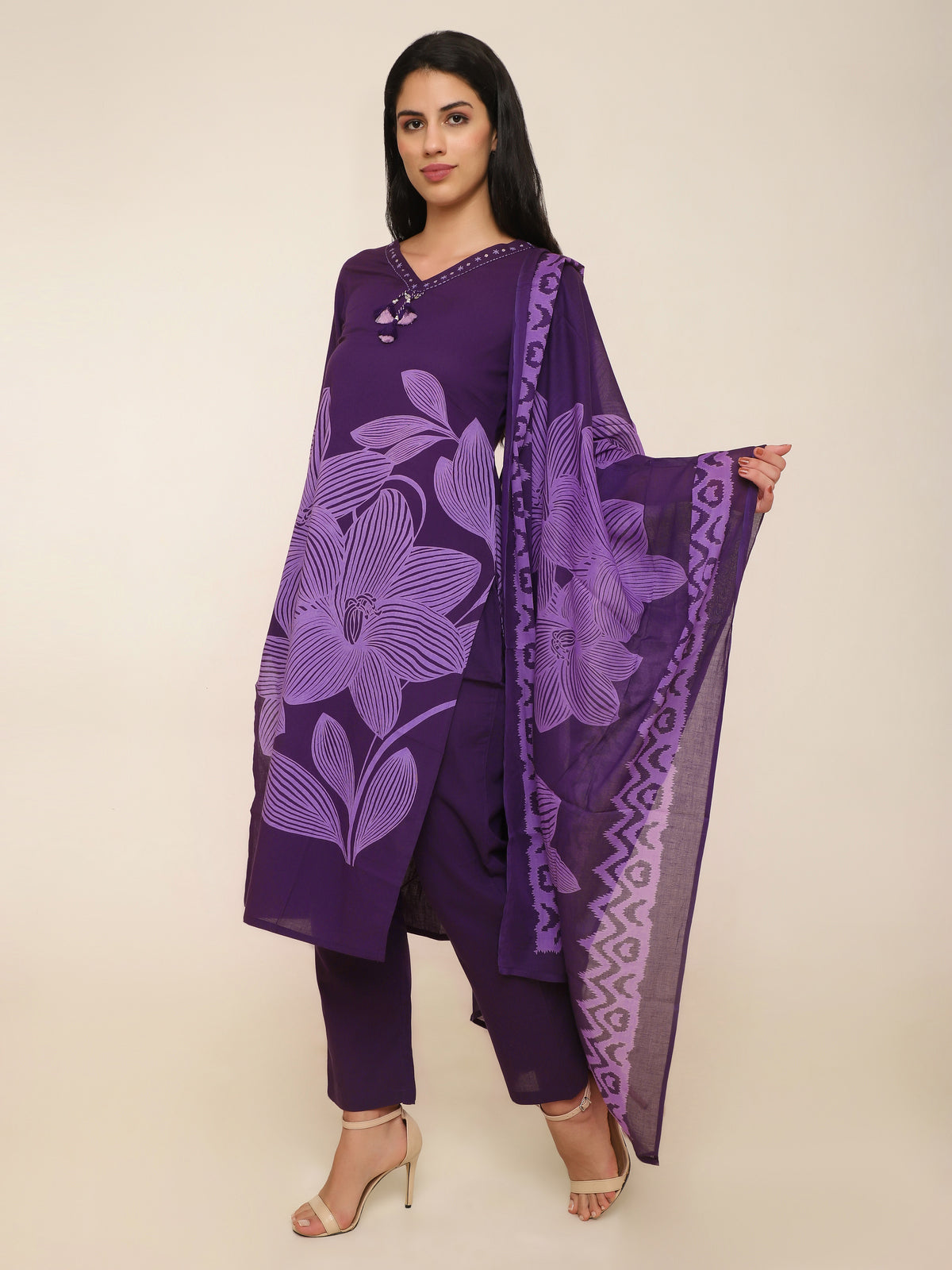 Purple Floral Printed 3-Piece Suit with Embroidery & Tassel Detail