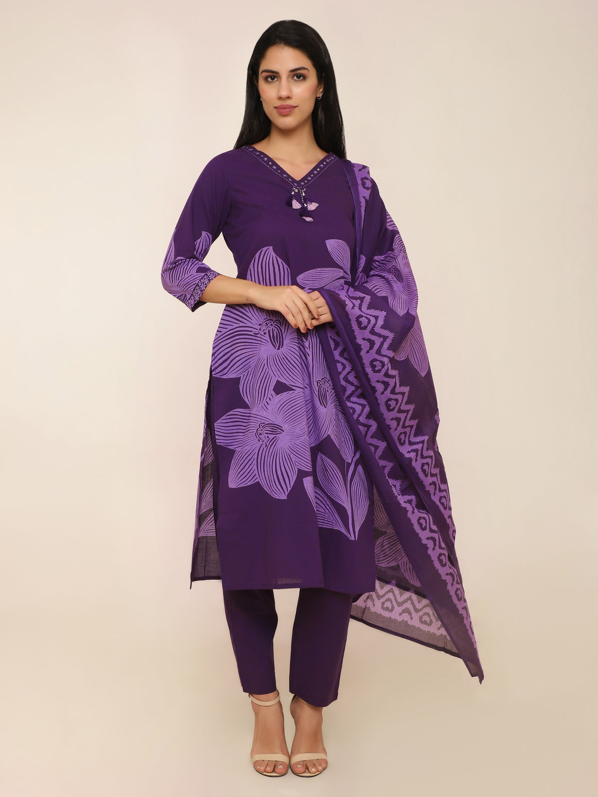 Purple Floral Printed 3-Piece Suit with Embroidery & Tassel Detail
