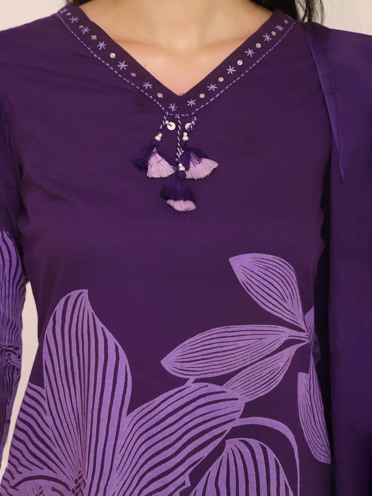 Purple Floral Printed 3-Piece Suit with Embroidery & Tassel Detail