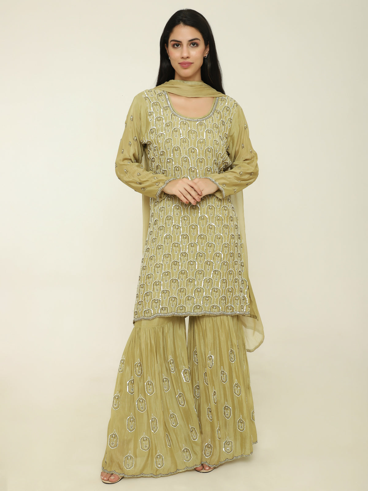 Pista Green Chiffon Party Suit with Bead & Sequin Work